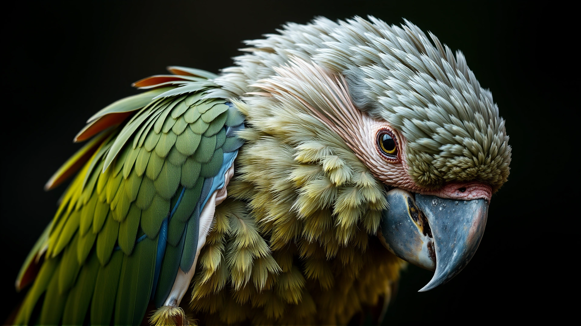 Close-up of a lethargic parrot with ruffled feathers and droopy posture on a perch, illustrating illness