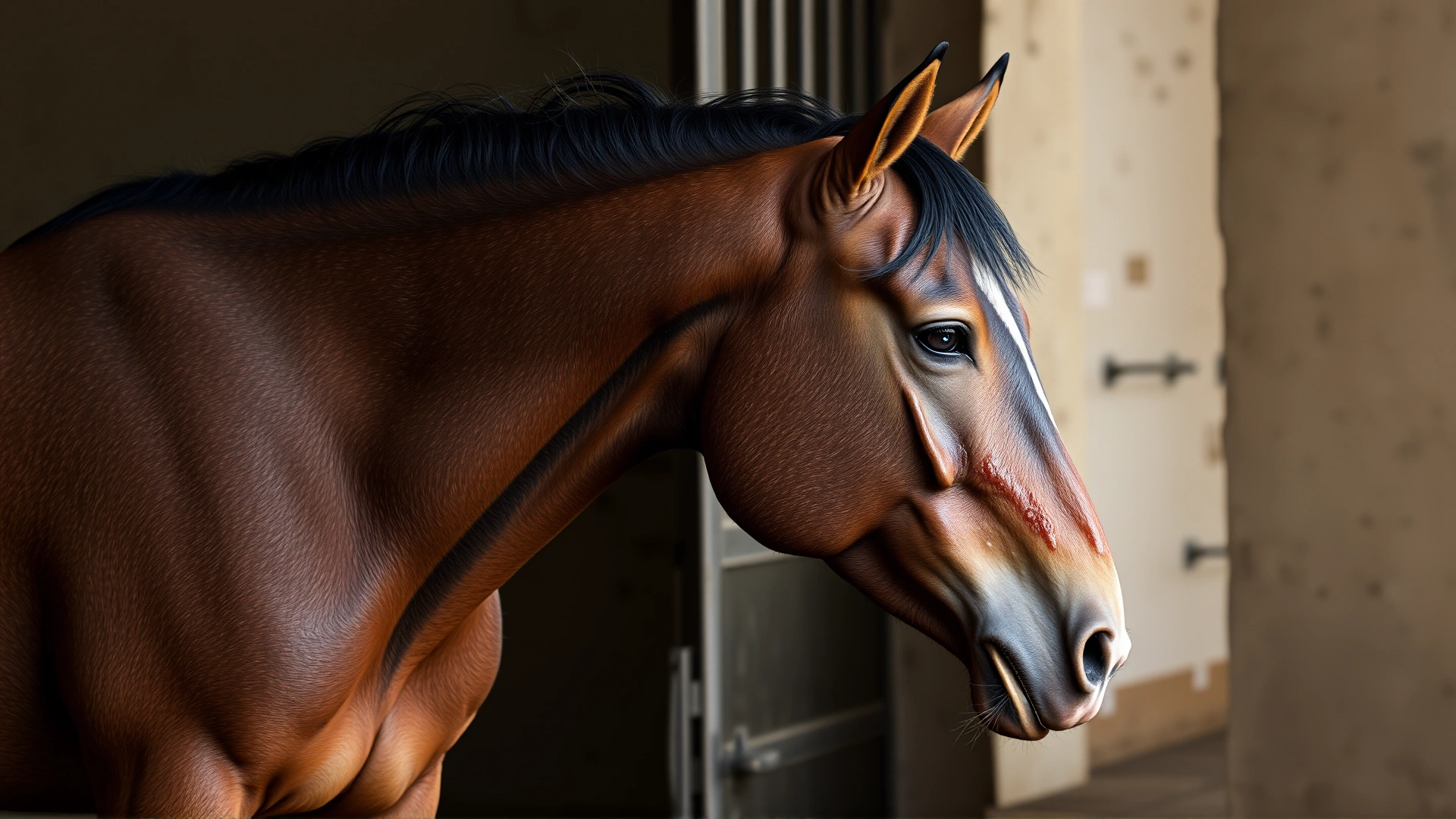 Side profile of a lethargic horse with dull coat standing in a stall, visually depicting clinical signs of illness