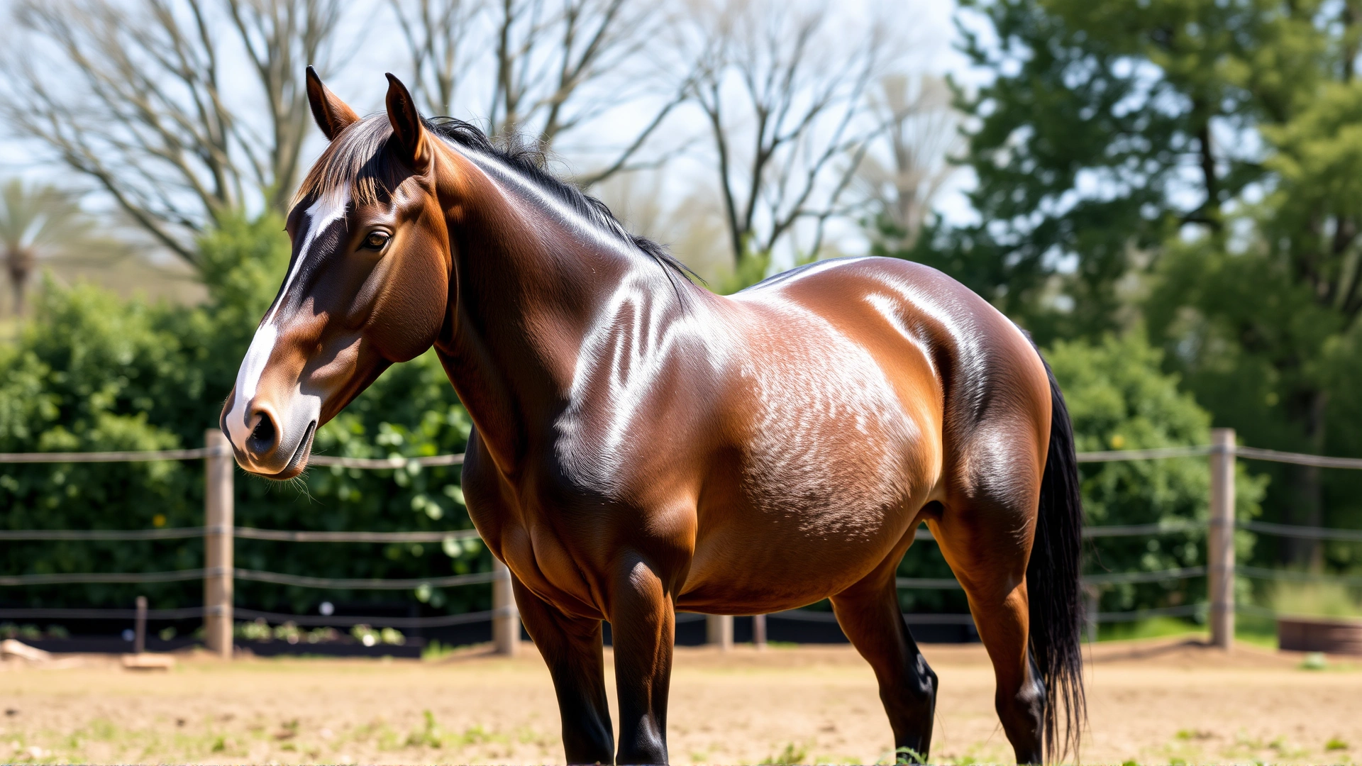 Healthy-looking stallion standing alert in a paddock, representing asymptomatic carrier status of CEM.