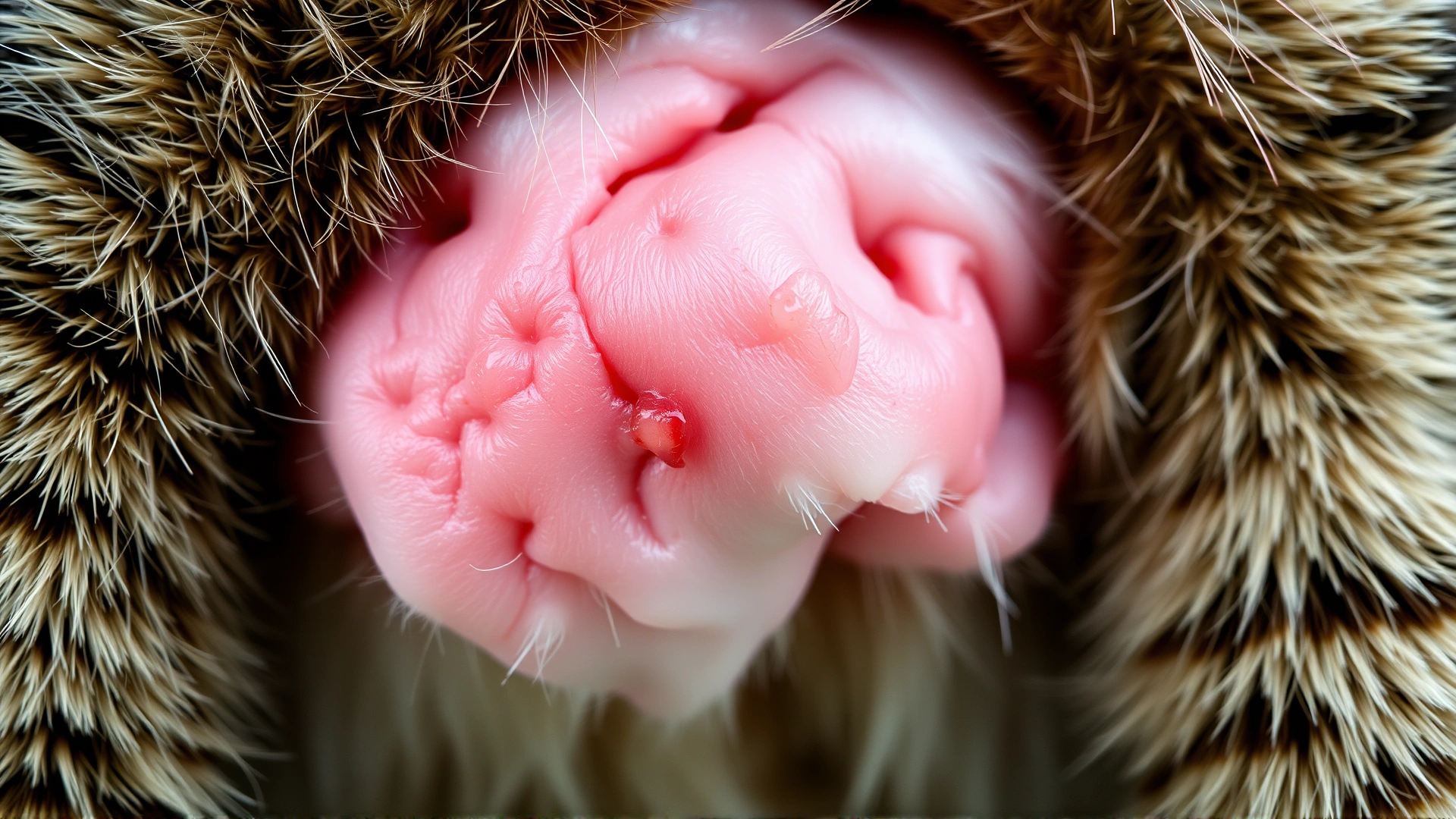 Detailed macro photo of a cat’s mammary gland showing mild redness and swelling, capturing the early signs of mastitis without any text overlay.