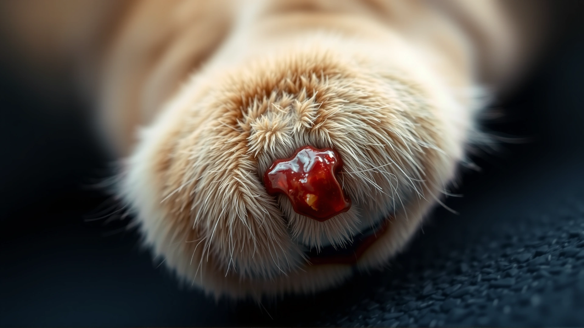Close-up of a domestic cat's paw with a small healing wound and surrounding fur, clear focus