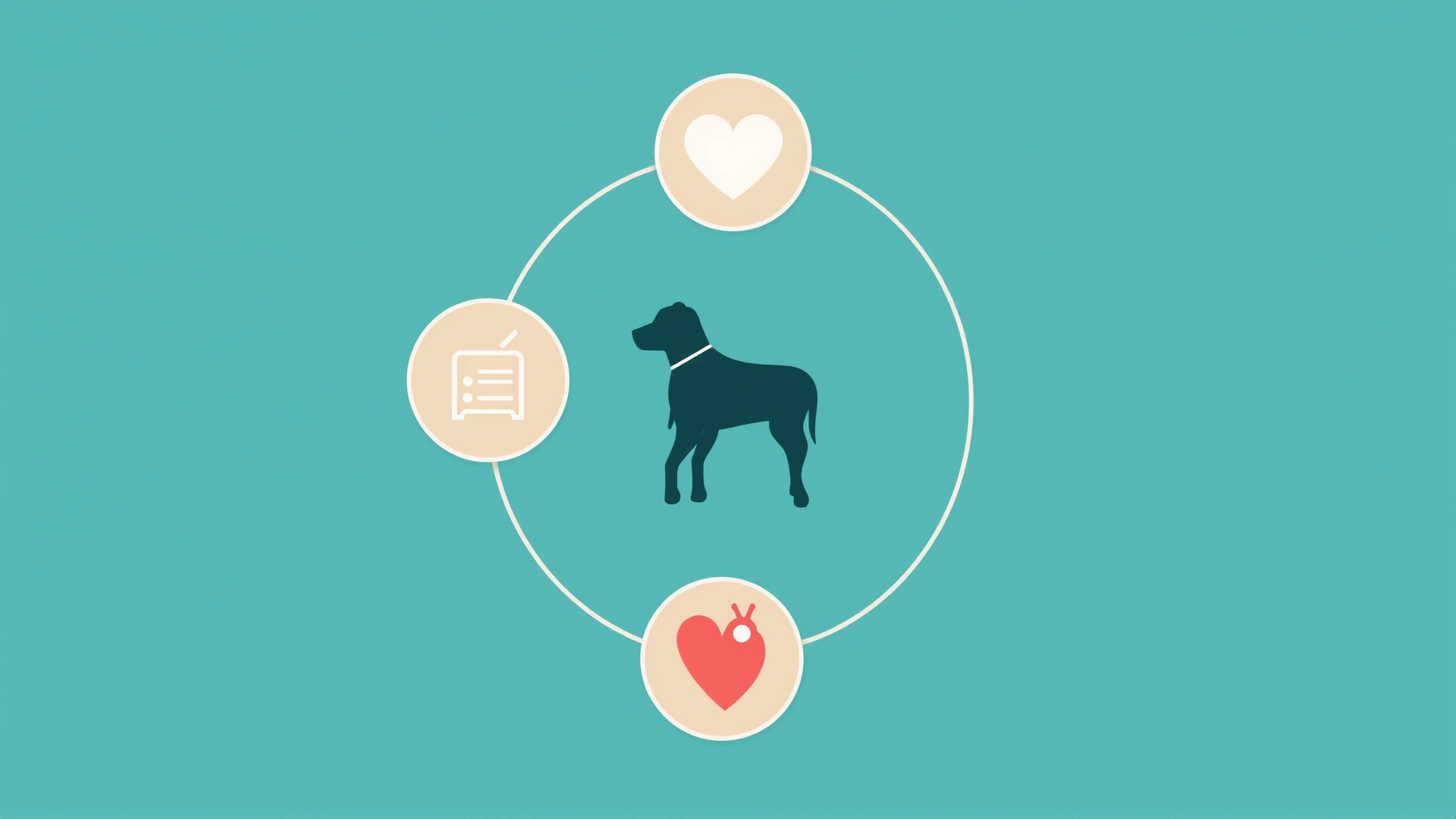 Clean minimalist illustration showing a mosquito, a dog silhouette, and heartworm larvae icons in a circular flow on a teal background, no text.