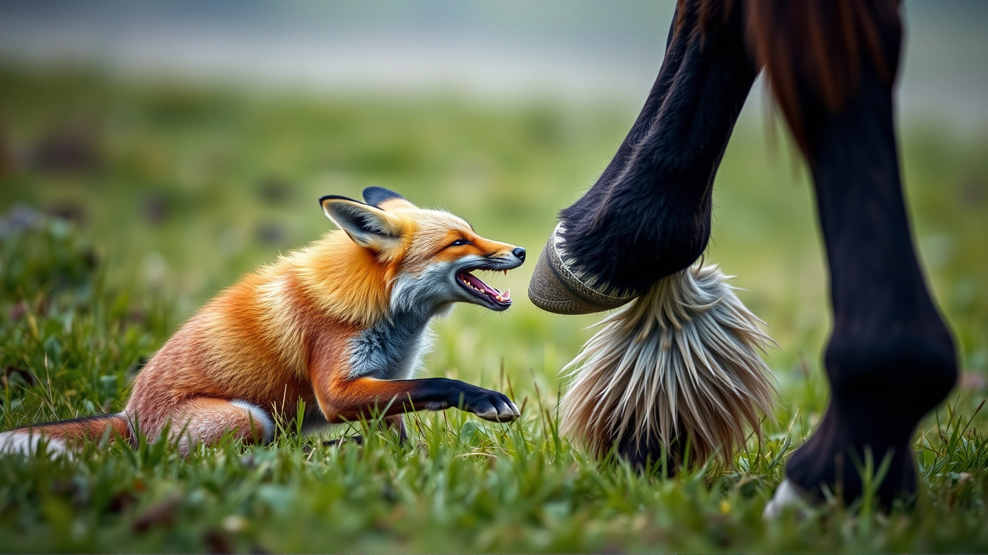 Rabid fox biting a horse's lower leg in a grassy field, capturing moment of rabies transmission, realistic action shot