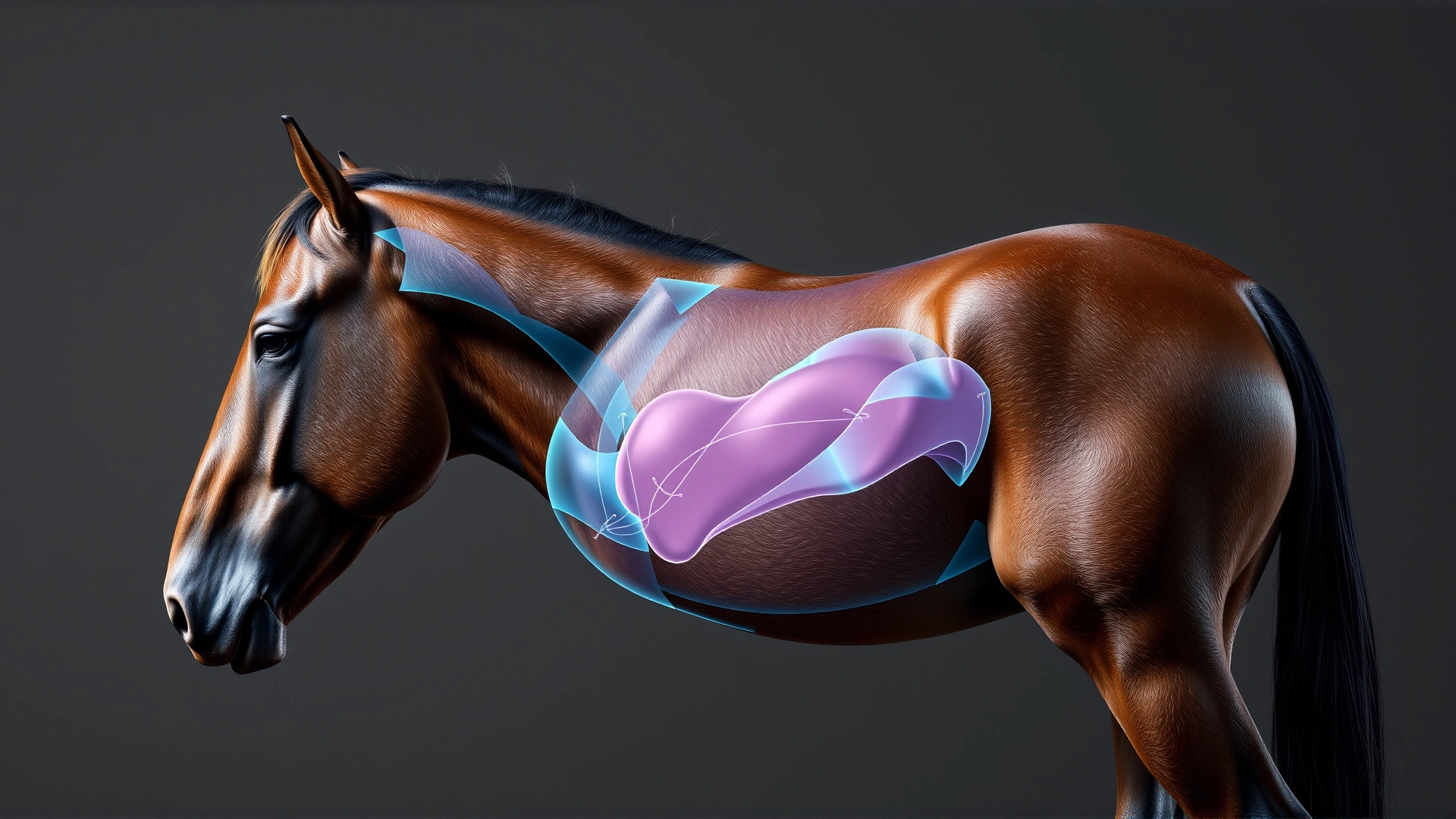 Side profile of a healthy horse with anatomy overlay highlighting chest and shoulder regions in subtle transparent colors
