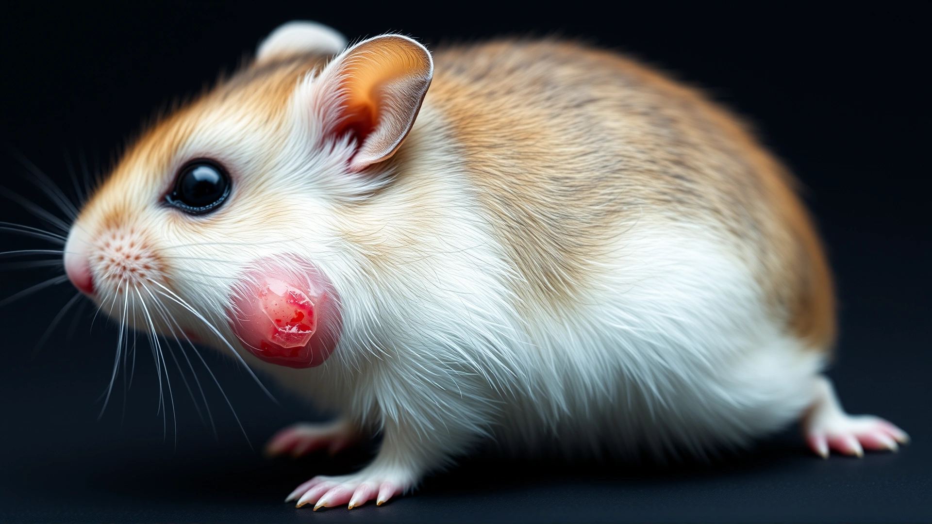 Side view of a female hamster with a subtle swelling and redness around the mammary gland area.