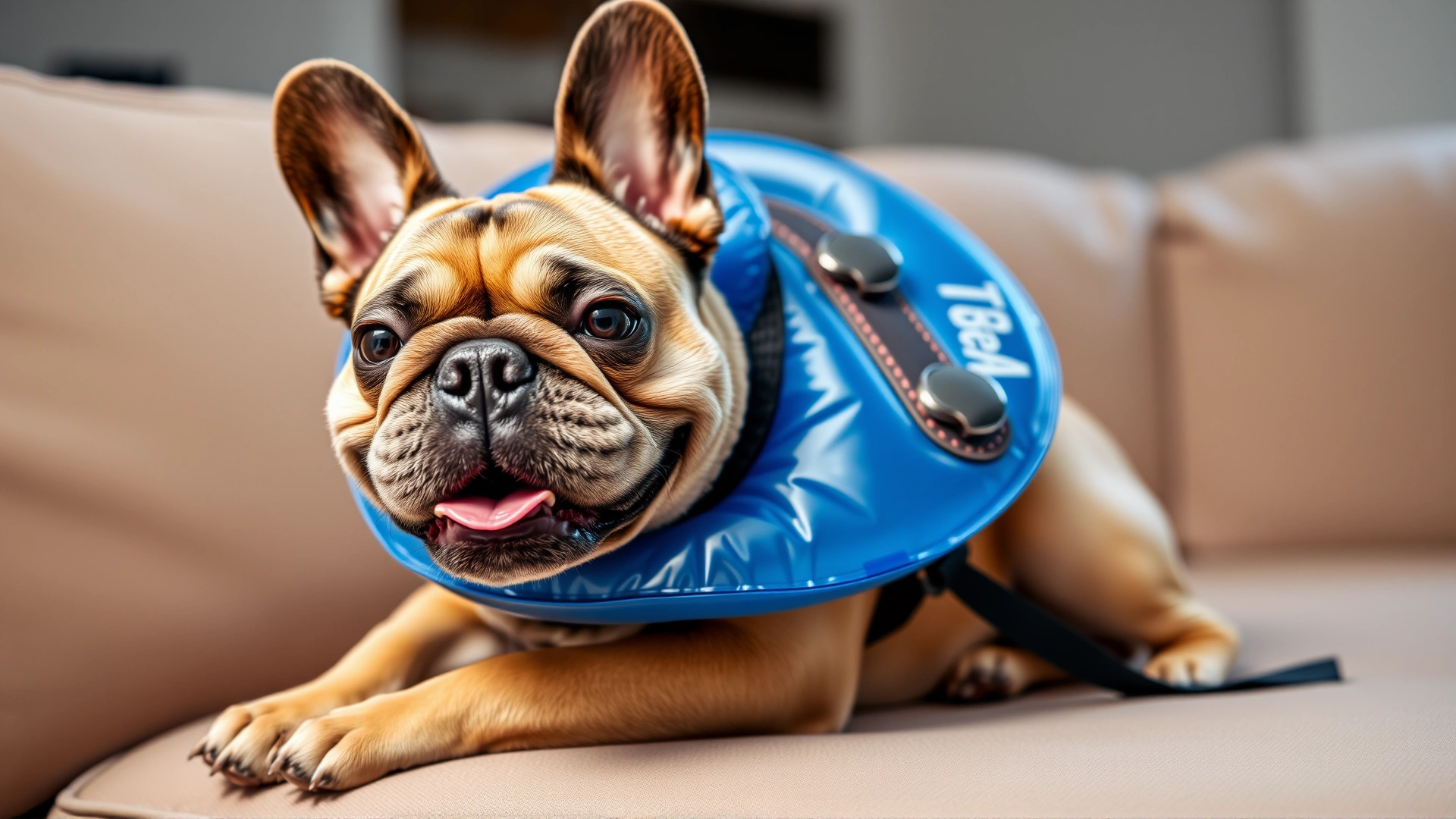 Happy French bulldog wearing a blue inflatable recovery collar while lying on a couch.