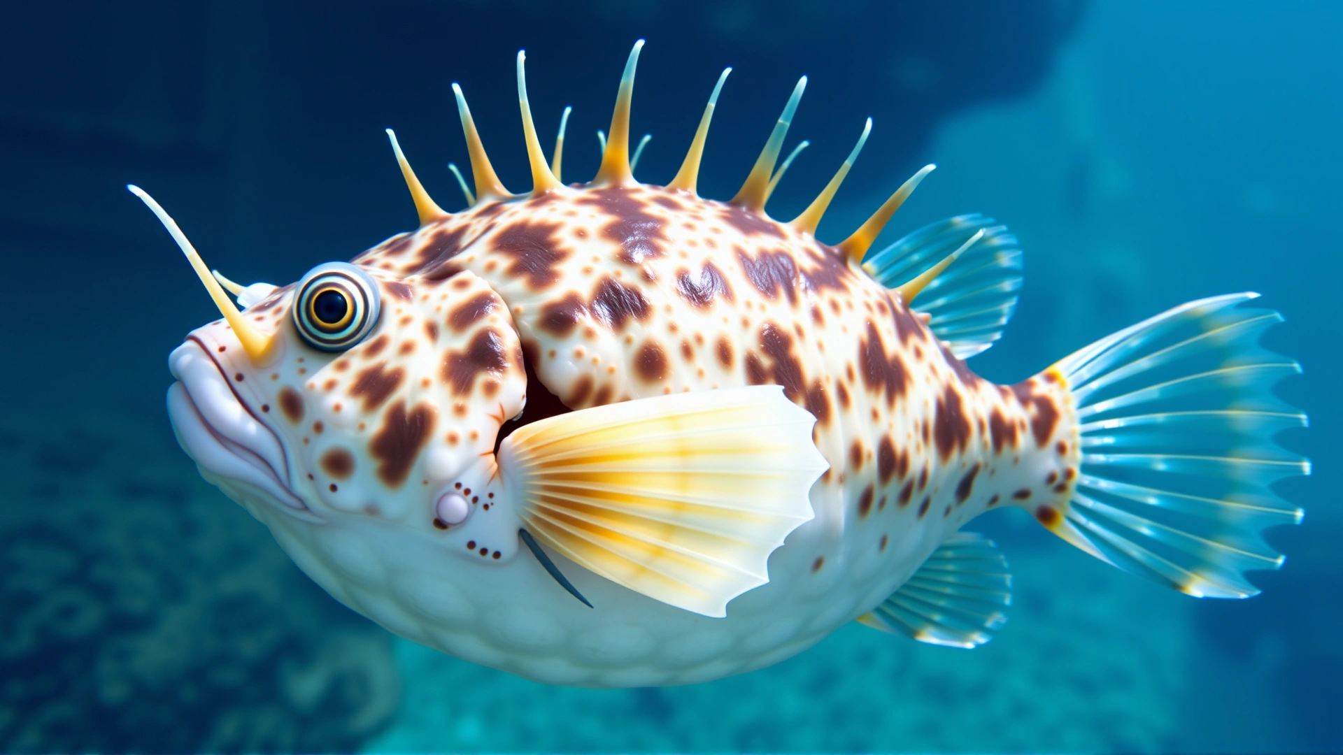 Side view of a fully inflated puffer fish with spines extended, hovering defensively in clear blue water