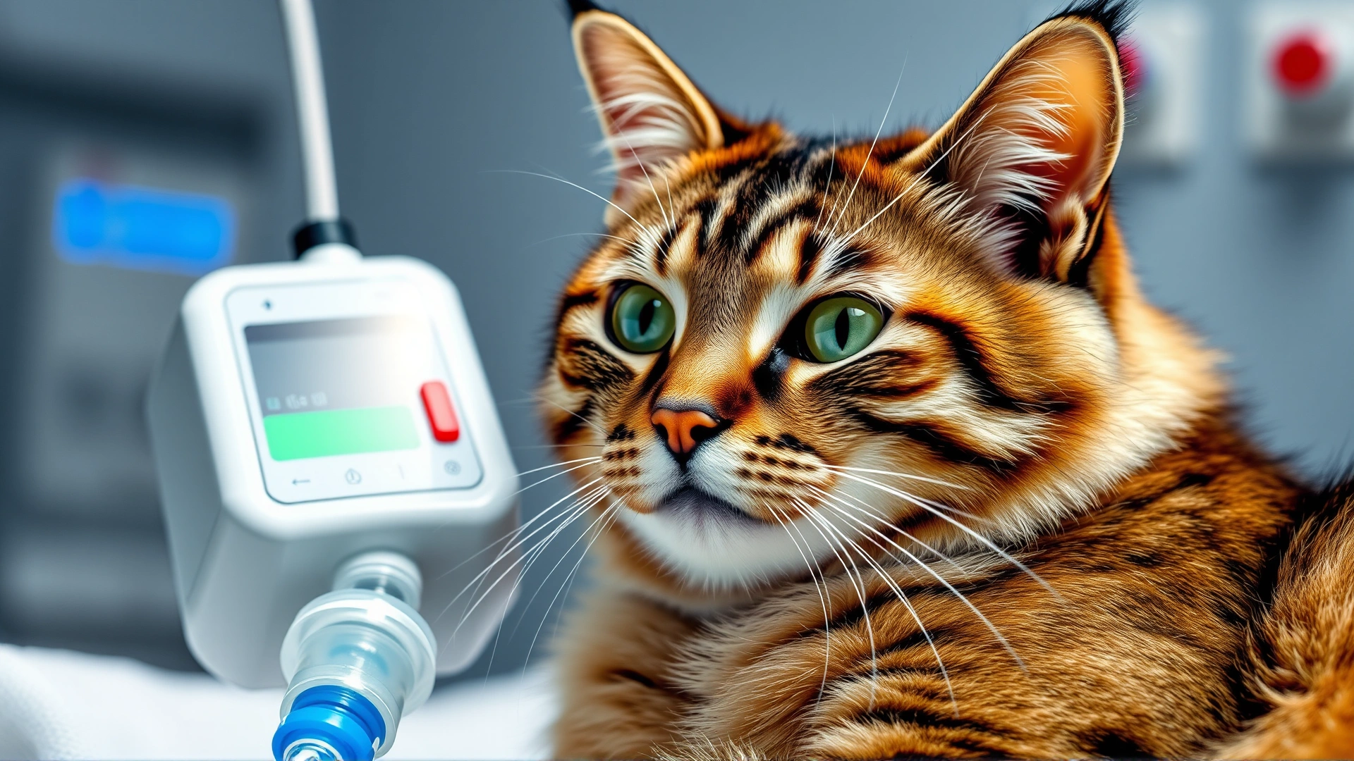 Hospitalized cat receiving intravenous fluids with an infusion pump visible, medical setting, no text