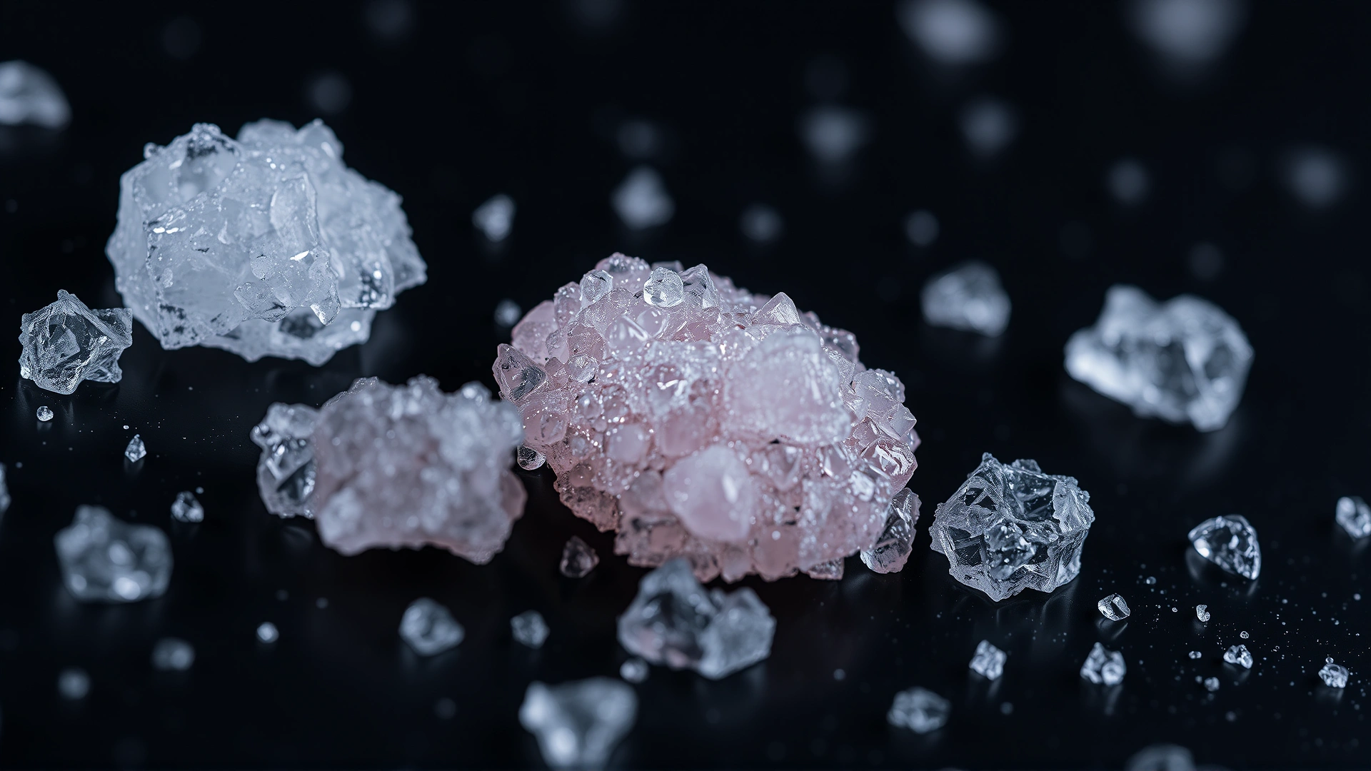 Macro shot of different ice melt granules on a dark surface, highlighting texture and color differences