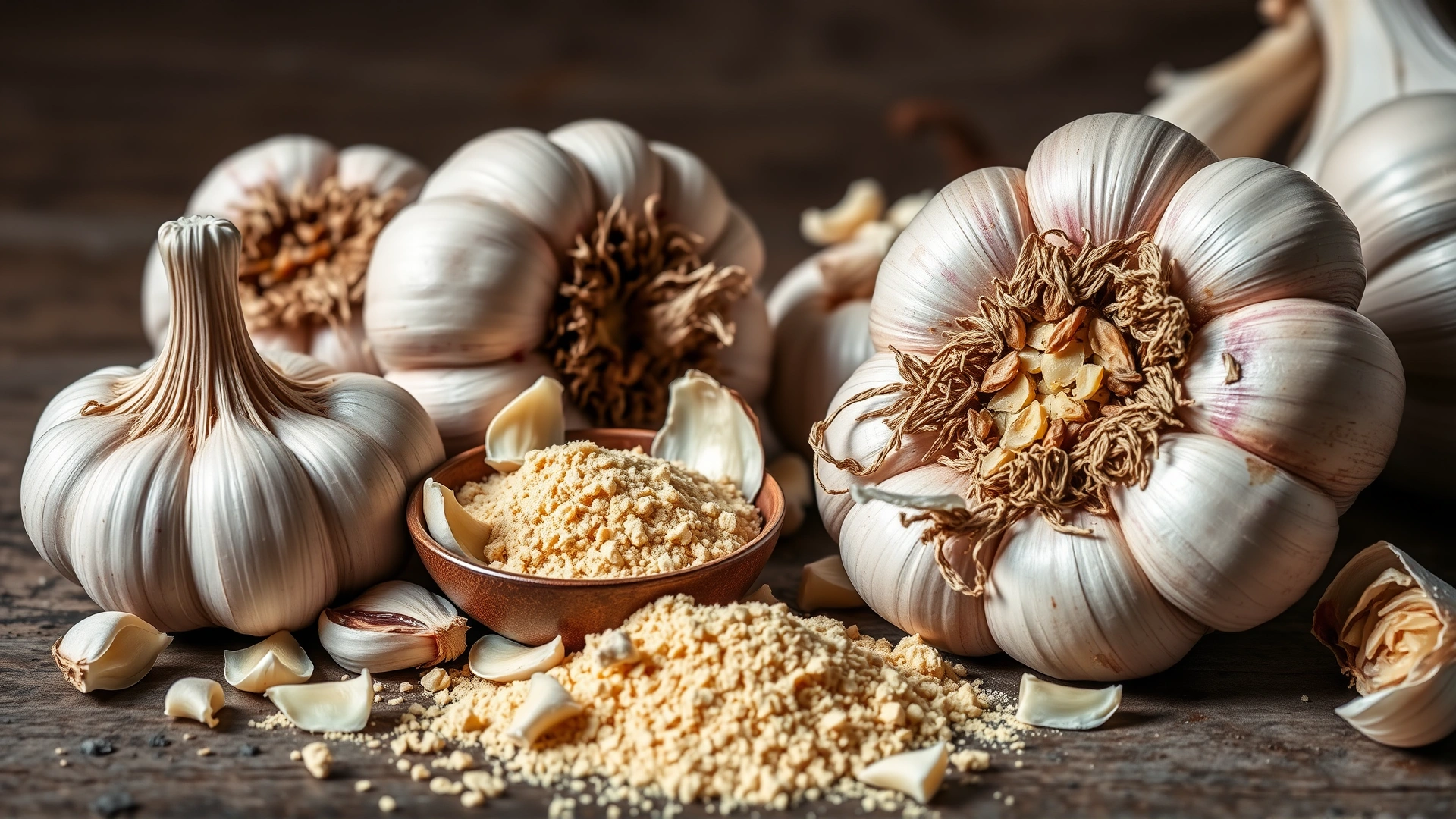 Close-up of fresh garlic bulbs and crushed cloves alongside a small bowl of powdered garlic supplement, rustic background, no text