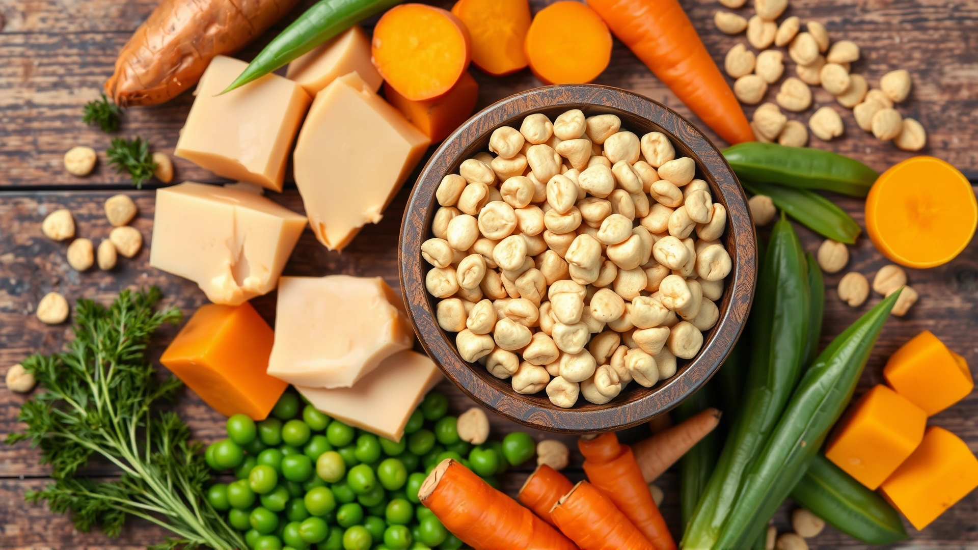 Top-down view of assorted fresh dog food ingredients—chicken breast cubes, sweet potato slices, peas, carrots—arranged neatly around a wooden bowl filled with dry kibble