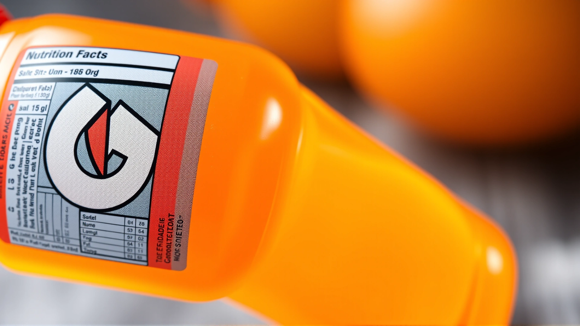 Macro shot of a Gatorade bottle showing nutrition facts label and the vibrant orange drink inside