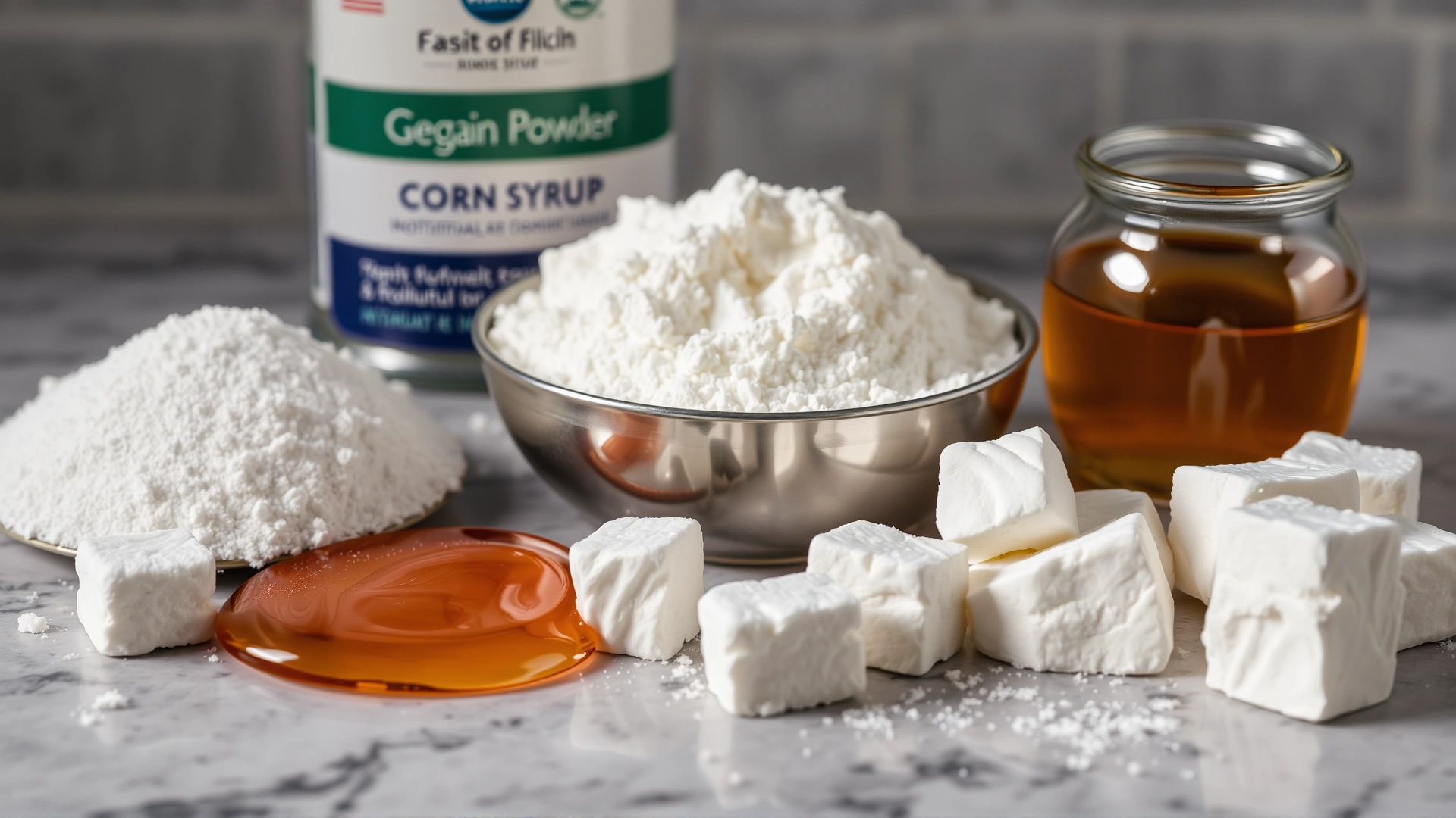 Close-up shot of traditional marshmallow ingredients laid out on a countertop: sugar, gelatin powder, corn syrup and small cubes of marshmallow