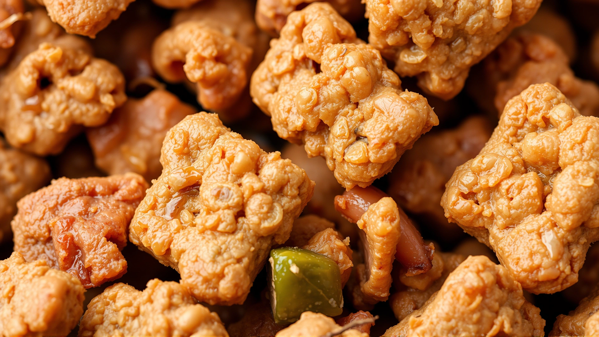 Macro close-up shot of kibble pieces showing visible dehydrated meat and vegetable chunks, illustrating natural formulation