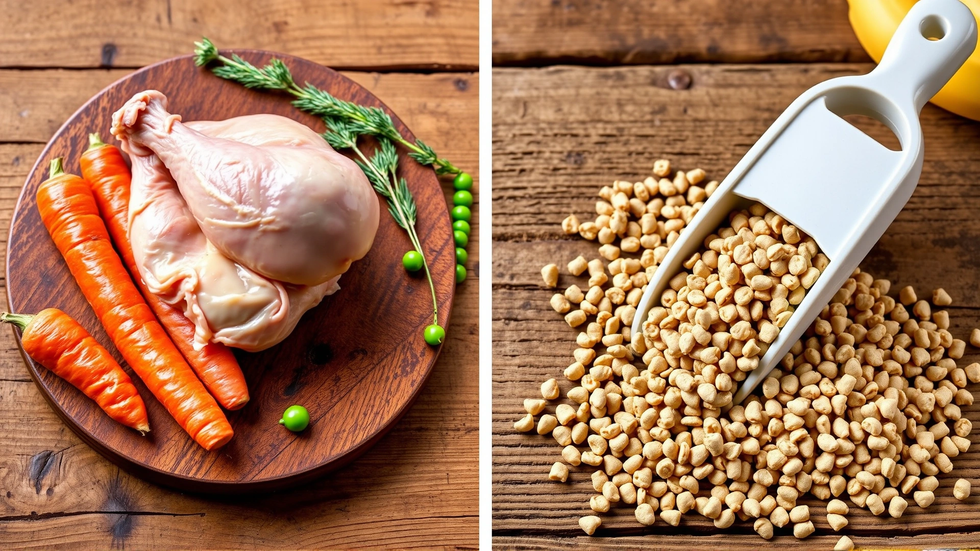 Split-layout image showing on one side fresh chicken, carrots and peas on a wooden board, and on the other side generic pelleted feed in a scoop, illustrating ingredient quality differences.