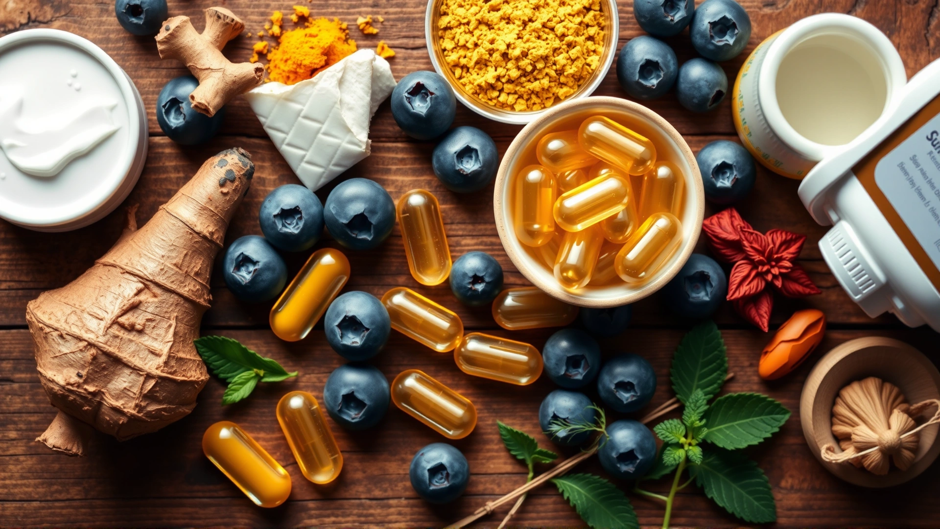 Flat-lay of natural supplement ingredients such as turmeric roots, blueberries, fish oil capsules, and fresh herbs on a wooden table, top-down photo