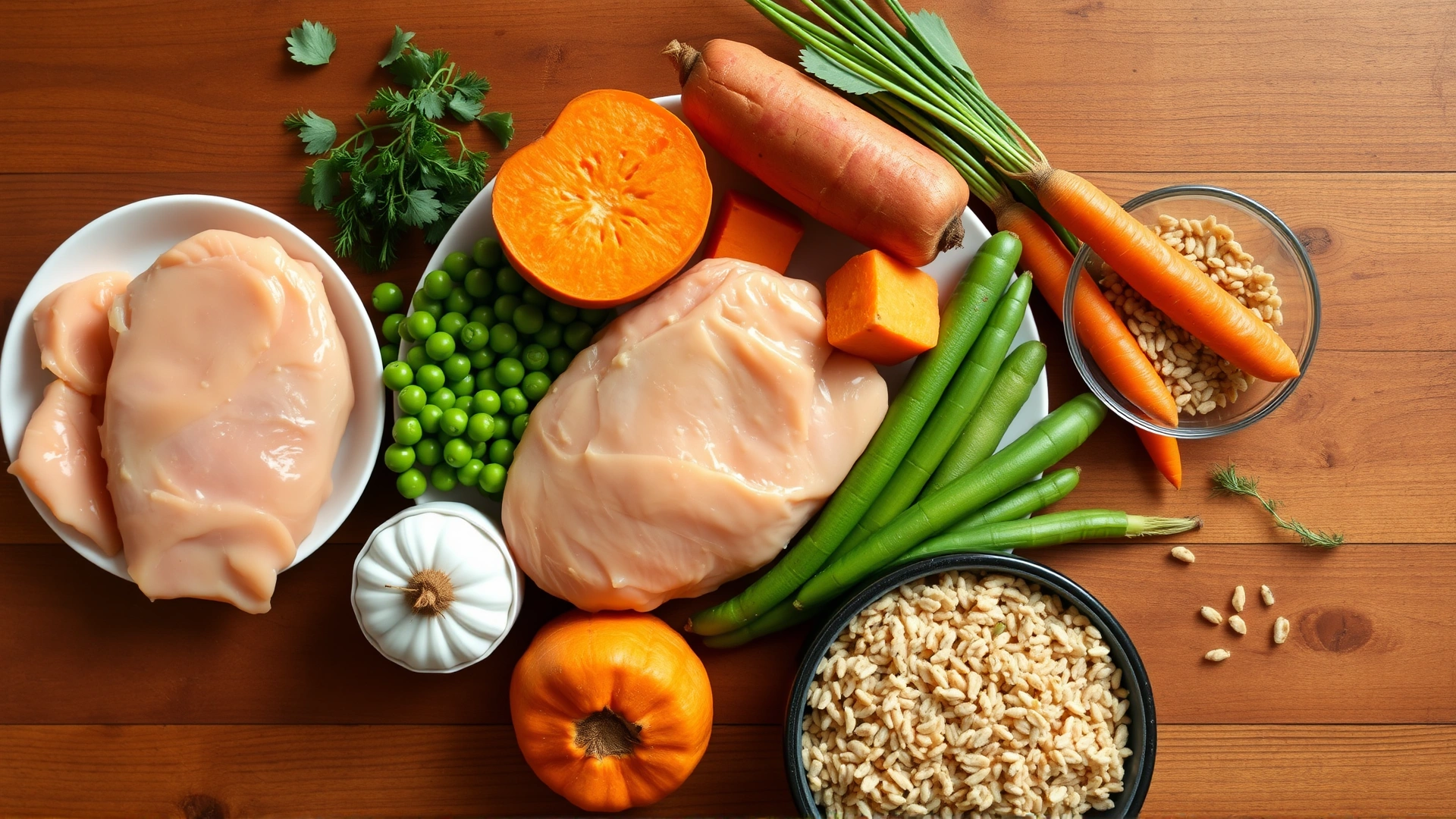 Top view of fresh dog-friendly ingredients—lean chicken breast, sweet potatoes, peas, carrots, and brown rice—arranged neatly on a wooden kitchen table