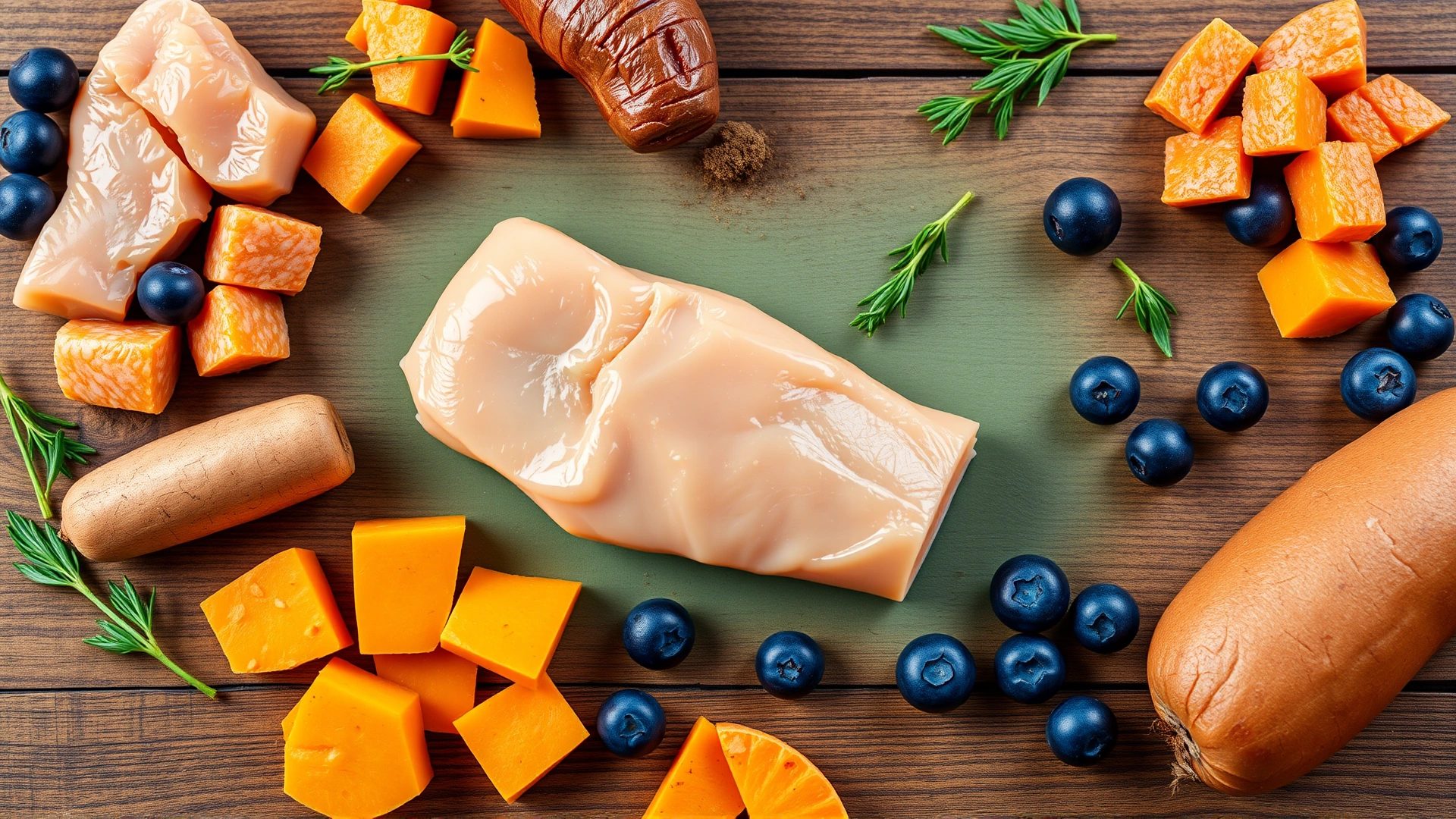 Flat lay of various natural cat food ingredients such as chicken breast, salmon pieces, sweet potatoes, and blueberries on a wooden table.