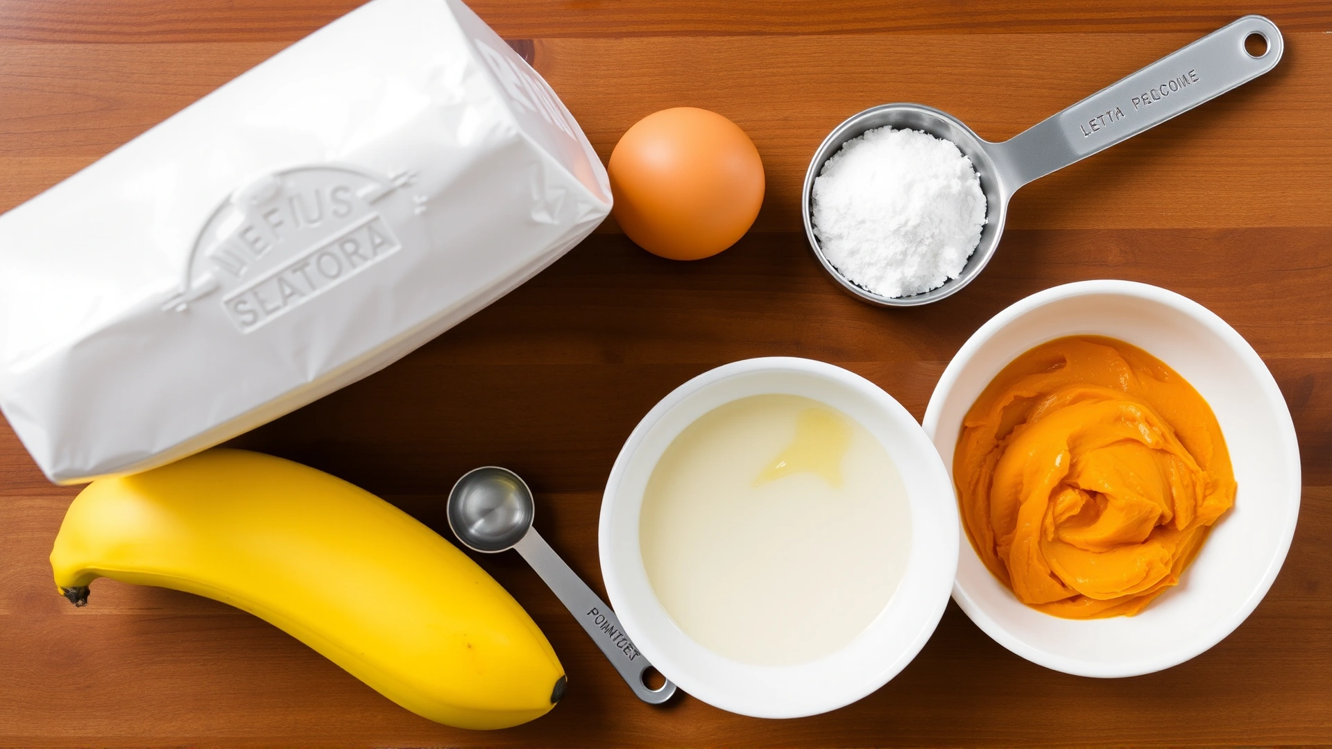 Overhead shot of simple pancake ingredients (flour, egg, banana, pumpkin puree) neatly arranged on a wooden countertop with measuring spoons.