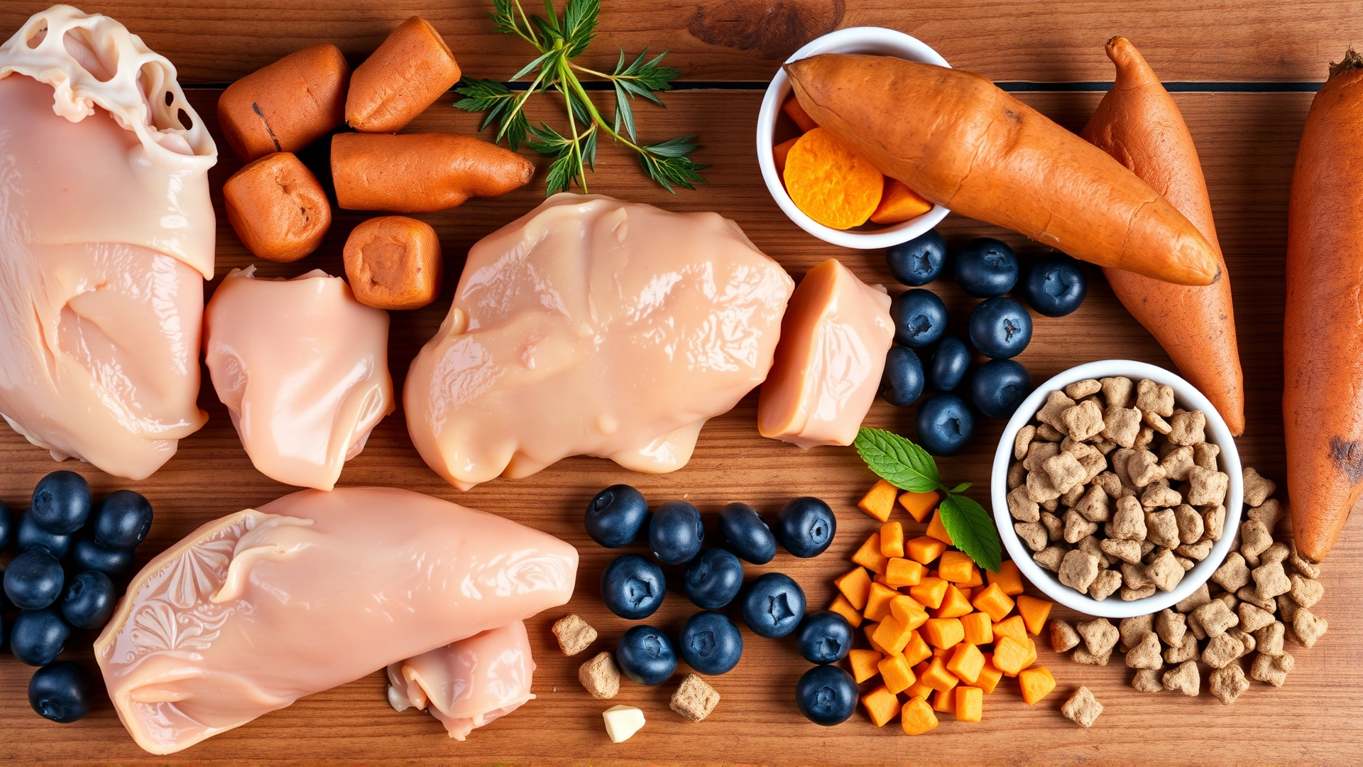Flat-lay photograph of diverse high-quality dog food ingredients such as deboned chicken pieces, sweet potatoes, blueberries, and kibble bits arranged on a wooden table