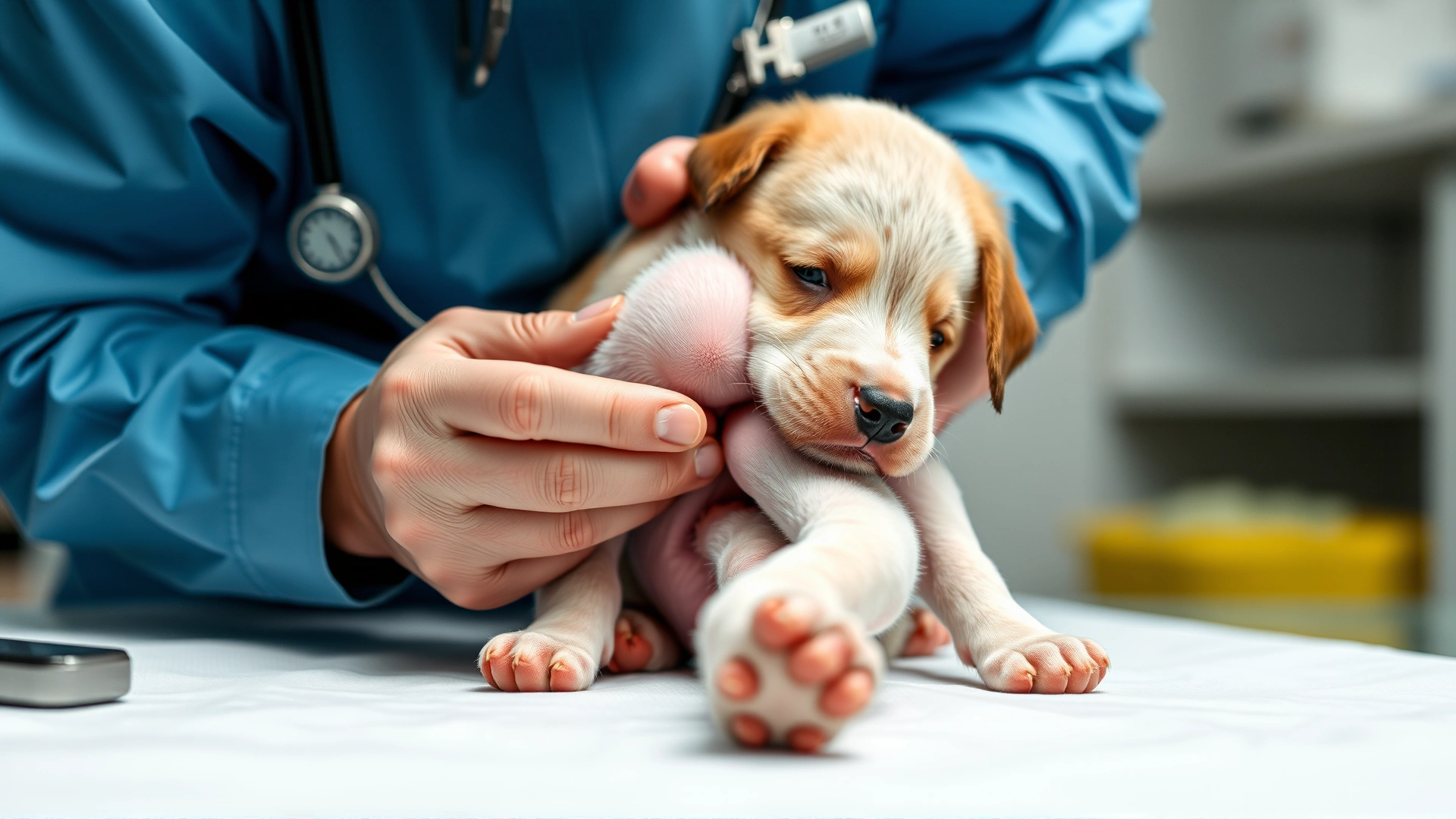 Veterinarian carefully examining a puppy’s groin area for an inguinal hernia, clinical setting, shallow depth of field