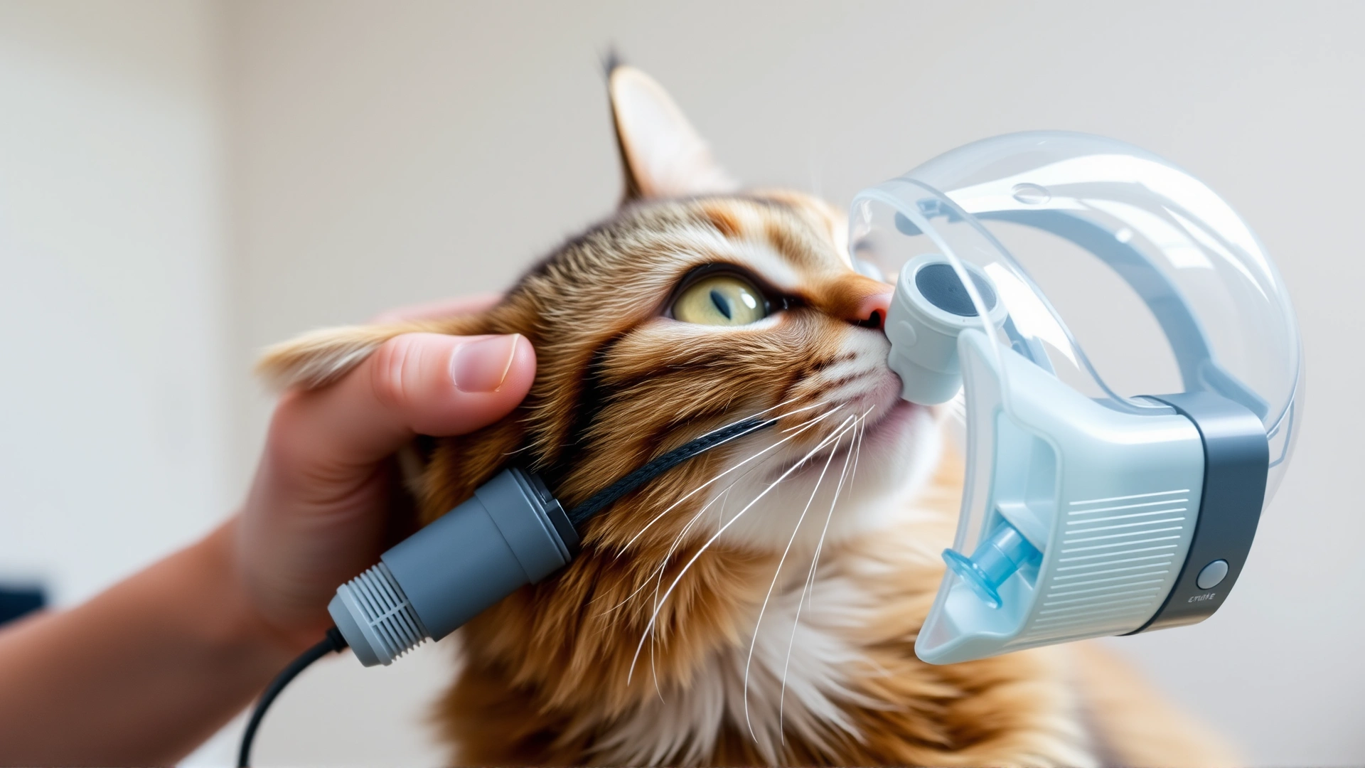 Cat receiving medication through a specialized feline inhaler mask held by a caring owner, neutral indoor backdrop.