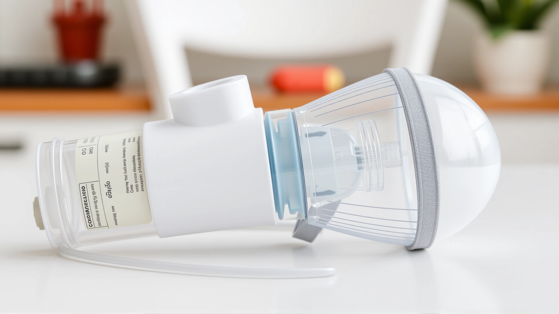Close-up shot of a pet inhaler canister connected to a spacer chamber and mask placed neatly on a white table.