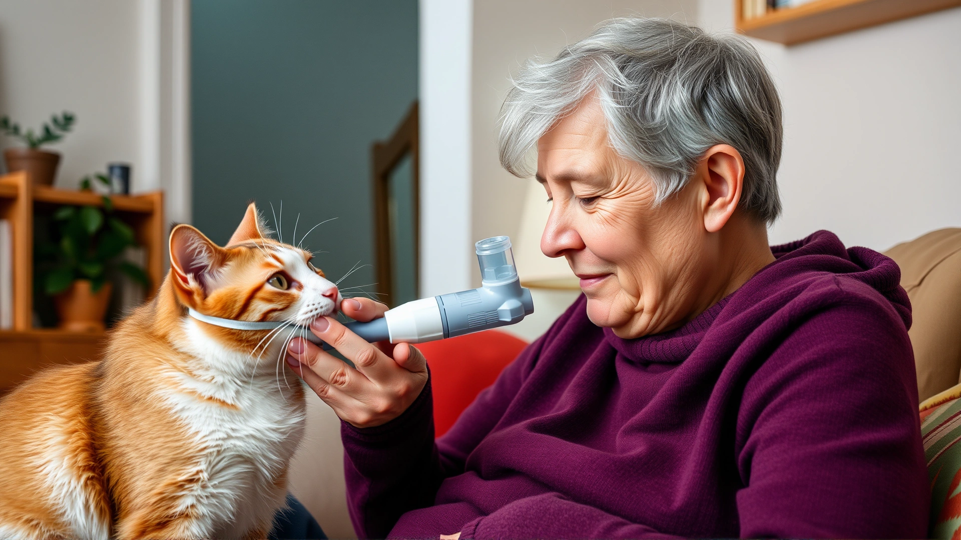Owner calmly demonstrating inhaler mask to curious cat, showing step-by-step acclimation, cozy home setting.