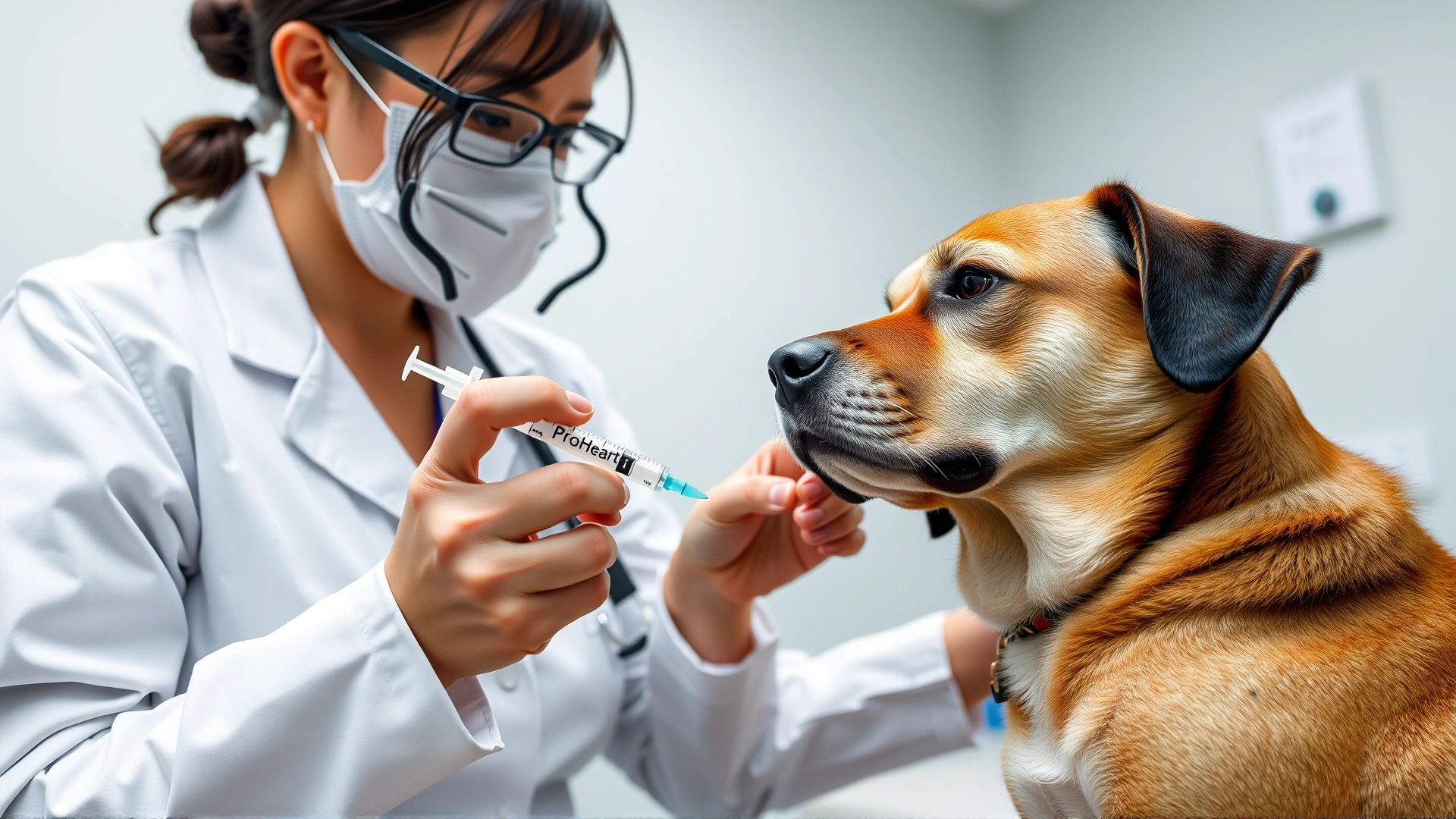 Veterinarian administering a ProHeart injection to a calm dog in a clinic exam room. The syringe is visible, but no logos or text. Clean clinical background.
