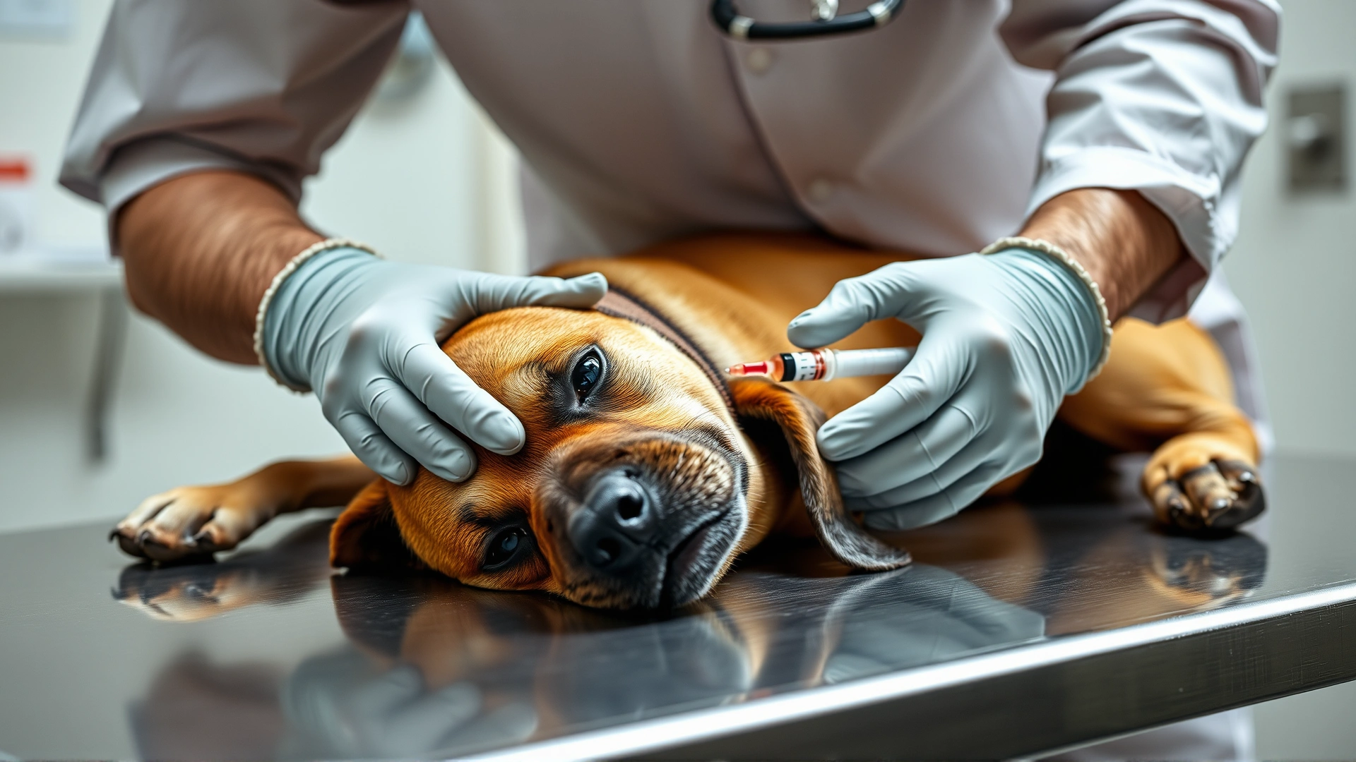 Veterinarian wearing gloves administering a subcutaneous injection to a calm dog on a stainless exam table, clinical background, no visible branding.