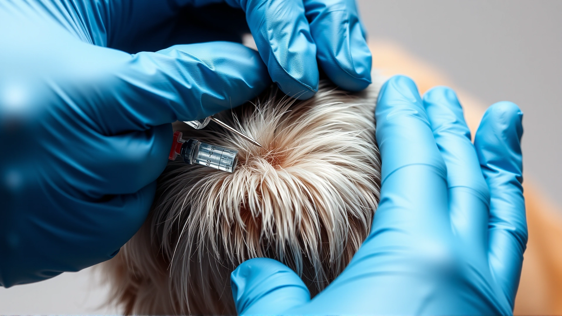 Macro shot of a veterinarian’s gloved hands administering a subcutaneous injection into a dog’s scruff, focus on needle and fur