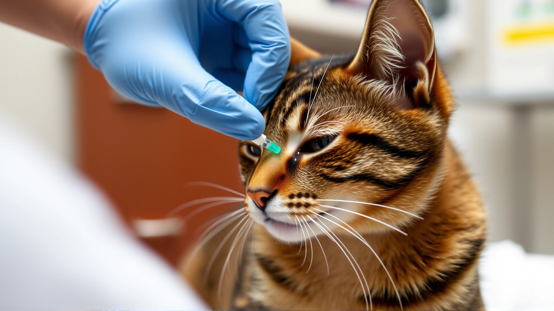 Close-up of a veterinarian hand gently giving a subcutaneous insulin injection to a calm domestic short-haired cat in a clinic setting, focus on syringe and injection site.