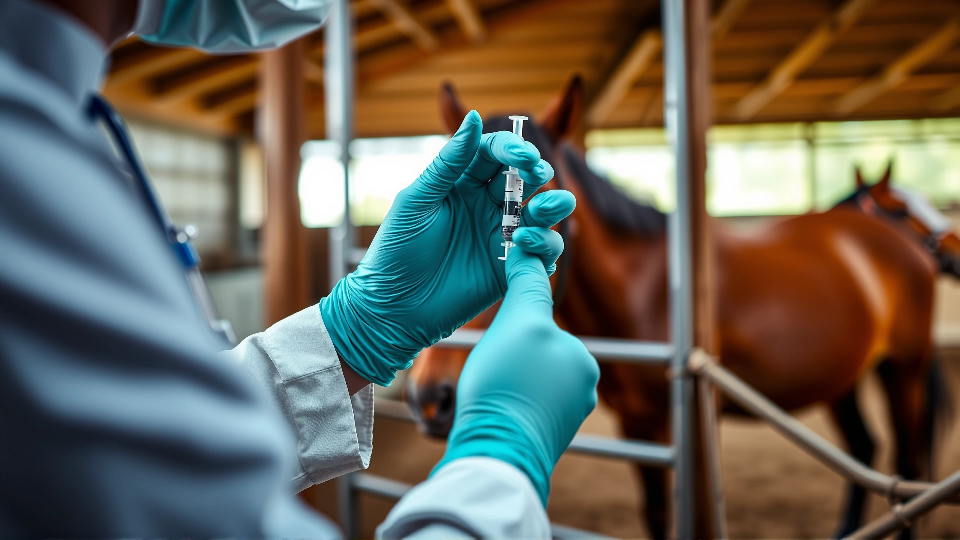 Veterinarian holding a syringe preparing to inject a standing horse in a stable, focus on the syringe and horse's neck, natural stable environment