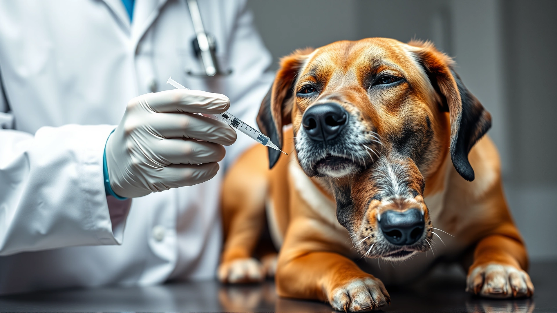 Veterinarian preparing a syringe next to a calm dog on an examination table, highlighting heartworm treatment injections.