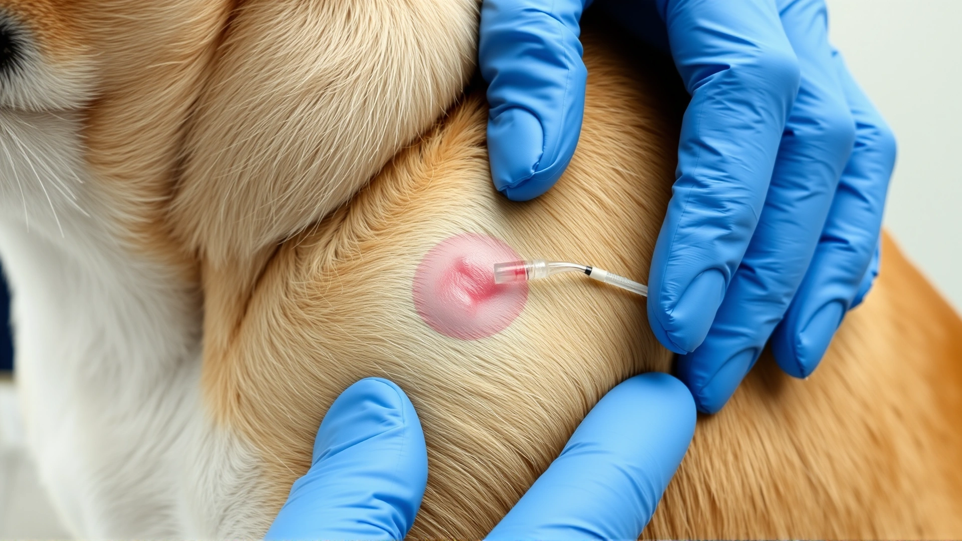 Close-up of a dog's shoulder showing a mild swelling at the injection site being gently examined by a veterinarian wearing blue gloves.