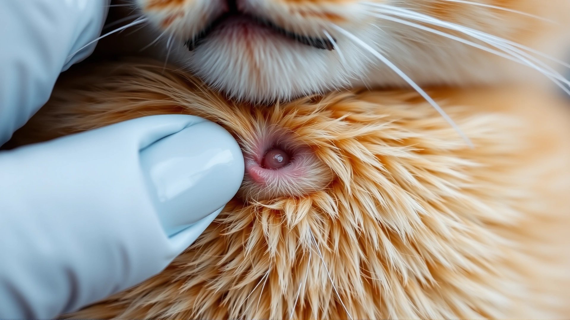 Macro shot of a cat’s fur being gently parted by a gloved hand to reveal a small, noticeable lump under the skin at the injection site. No text.