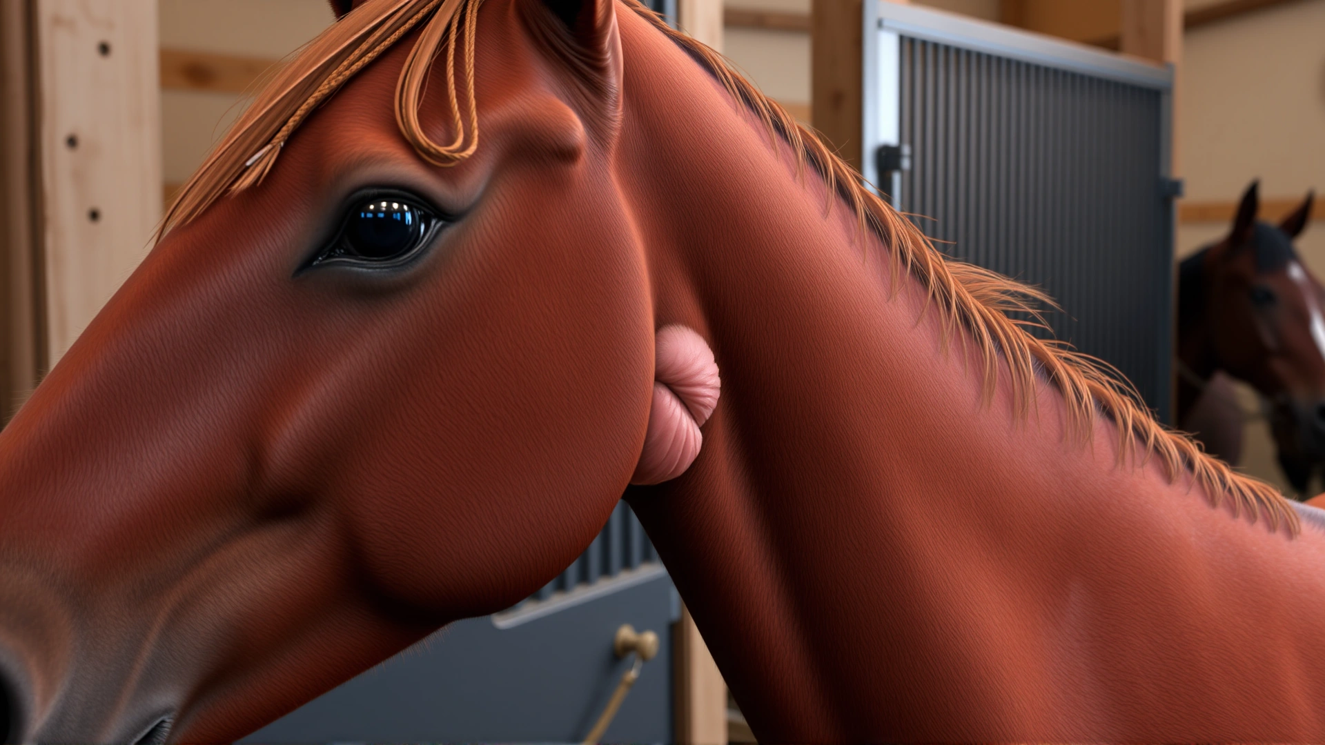 Close-up of a chestnut horse's neck showing visible swelling and mild heat at an injection site in a stable environment.