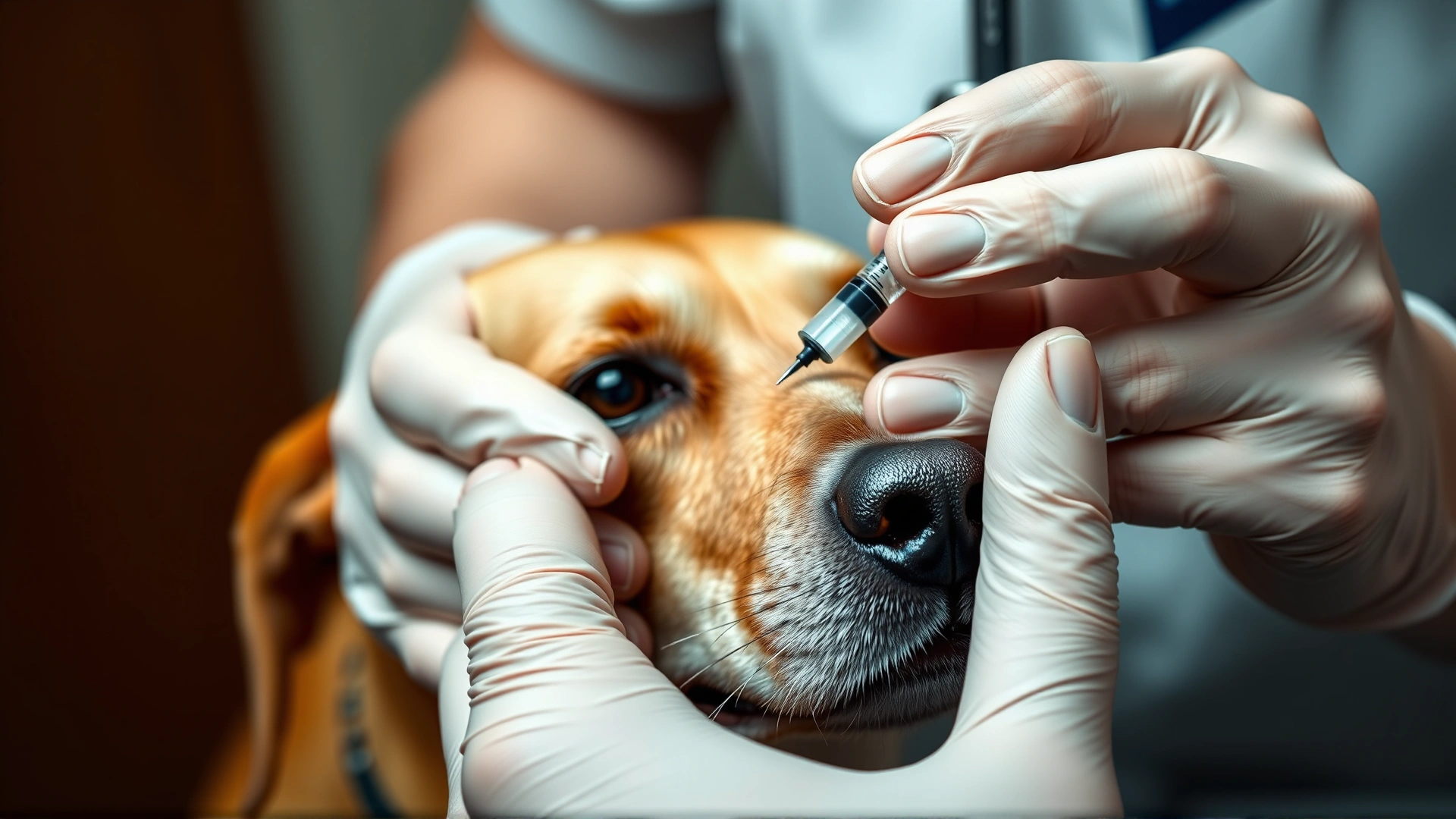 Mid-shot of a veterinarian demonstrating a subcutaneous injection on the scruff of a dog, with clear focus on proper hand positioning