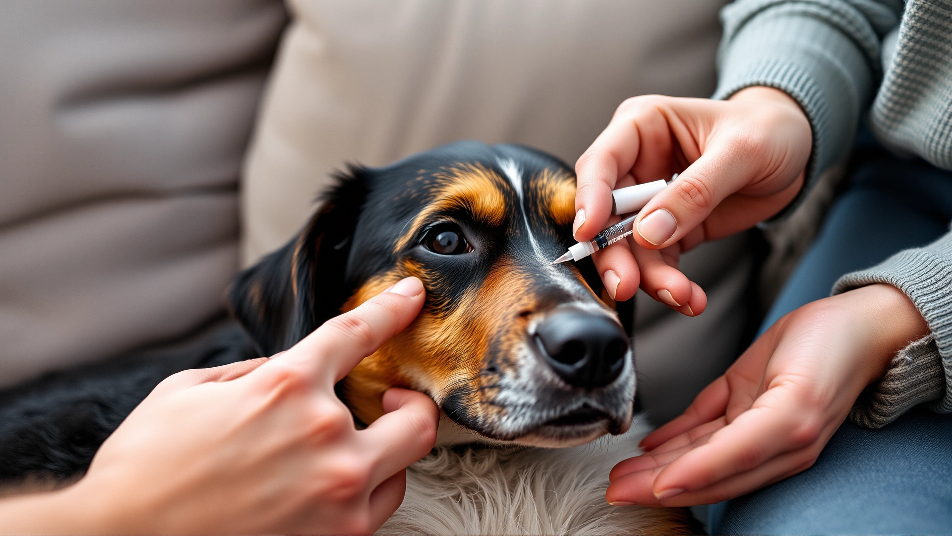 Close-up of a calm dog receiving an insulin injection from an owner's gentle hands while sitting on a comfortable couch.