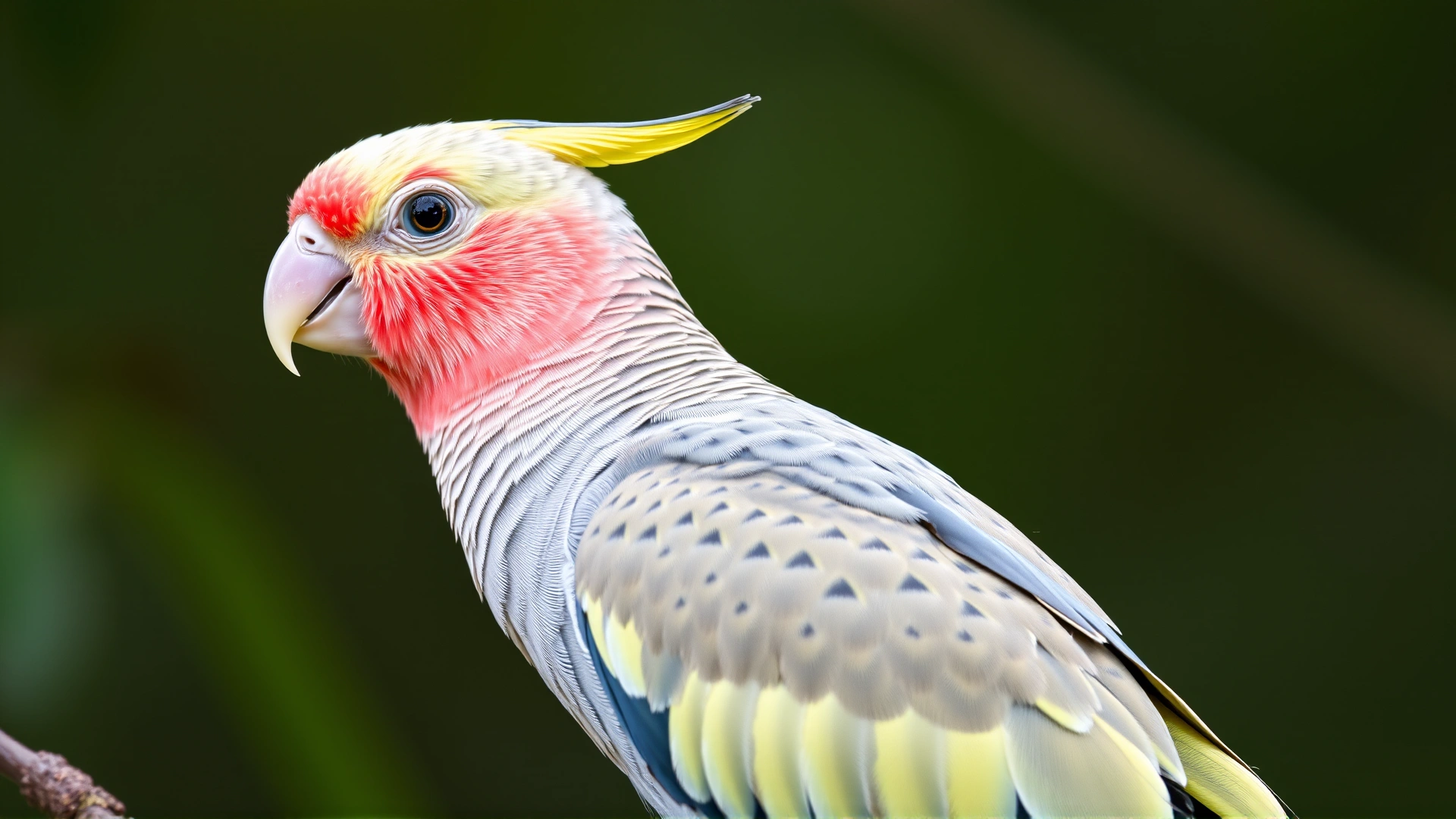Side view of a cockatiel with a chipped beak perching on a branch, natural background