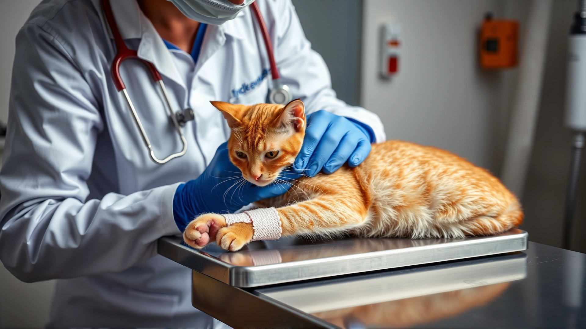 A veterinarian bandaging an injured orange cat’s paw on a stainless-steel exam table