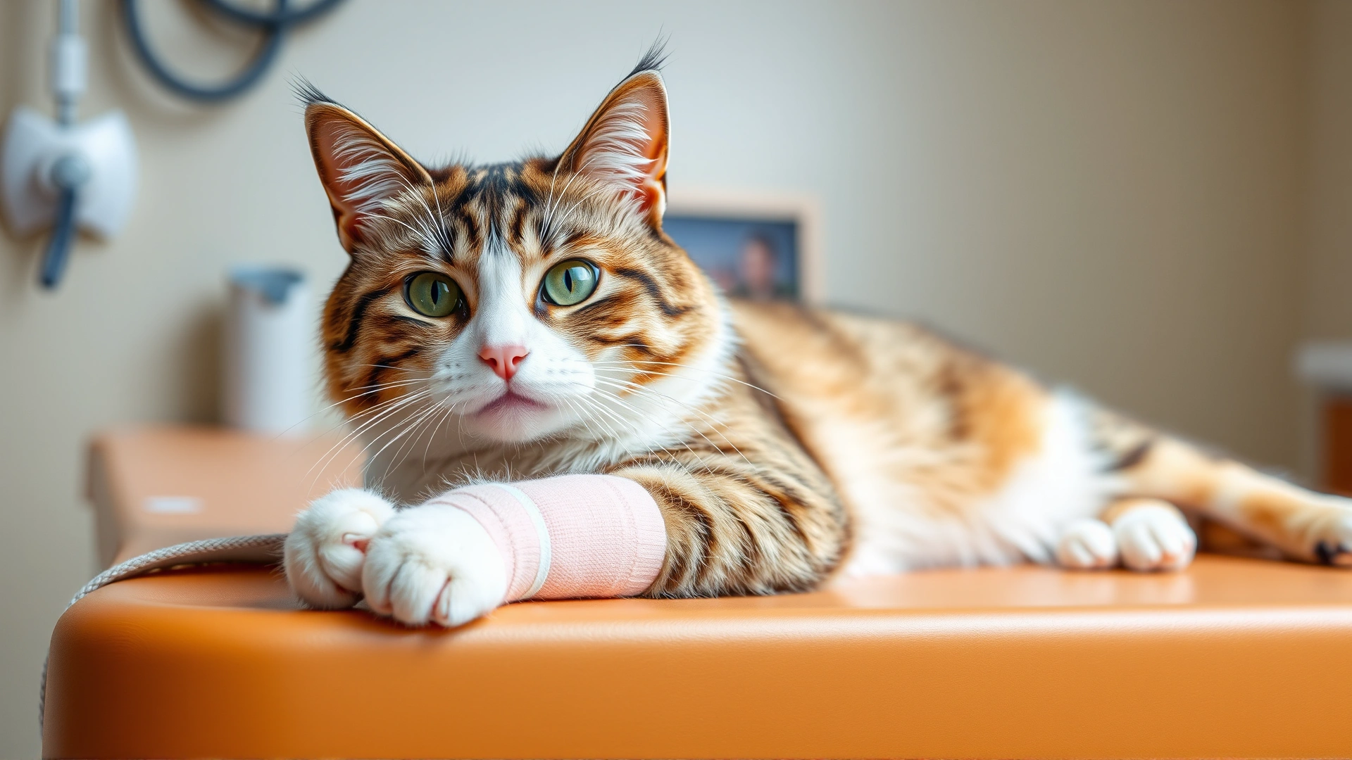 A domestic shorthair cat with a light bandage on its front leg resting on a vet examination table, warm clinic lighting, no text