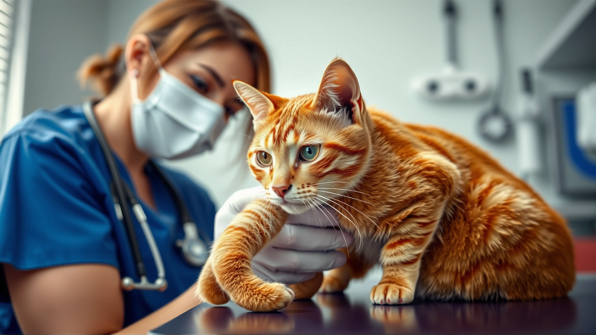 Veterinarian gently examining the bandaged tail of an orange tabby cat on an exam table, clinical environment, soft lighting