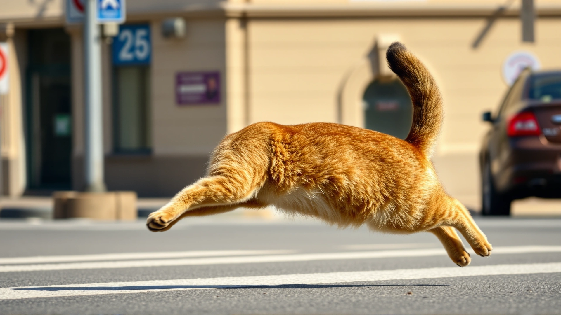Cat dashing across a city street in daylight with approaching car slightly blurred in background, conveys risk of traffic accidents, no text