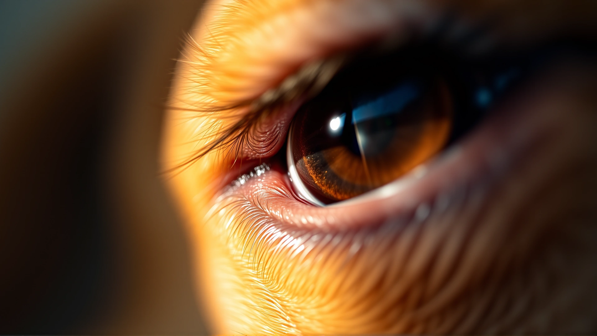 Macro close-up shot of a dog’s eye showing a visible corneal scratch highlighted under soft light. High detail, no text.