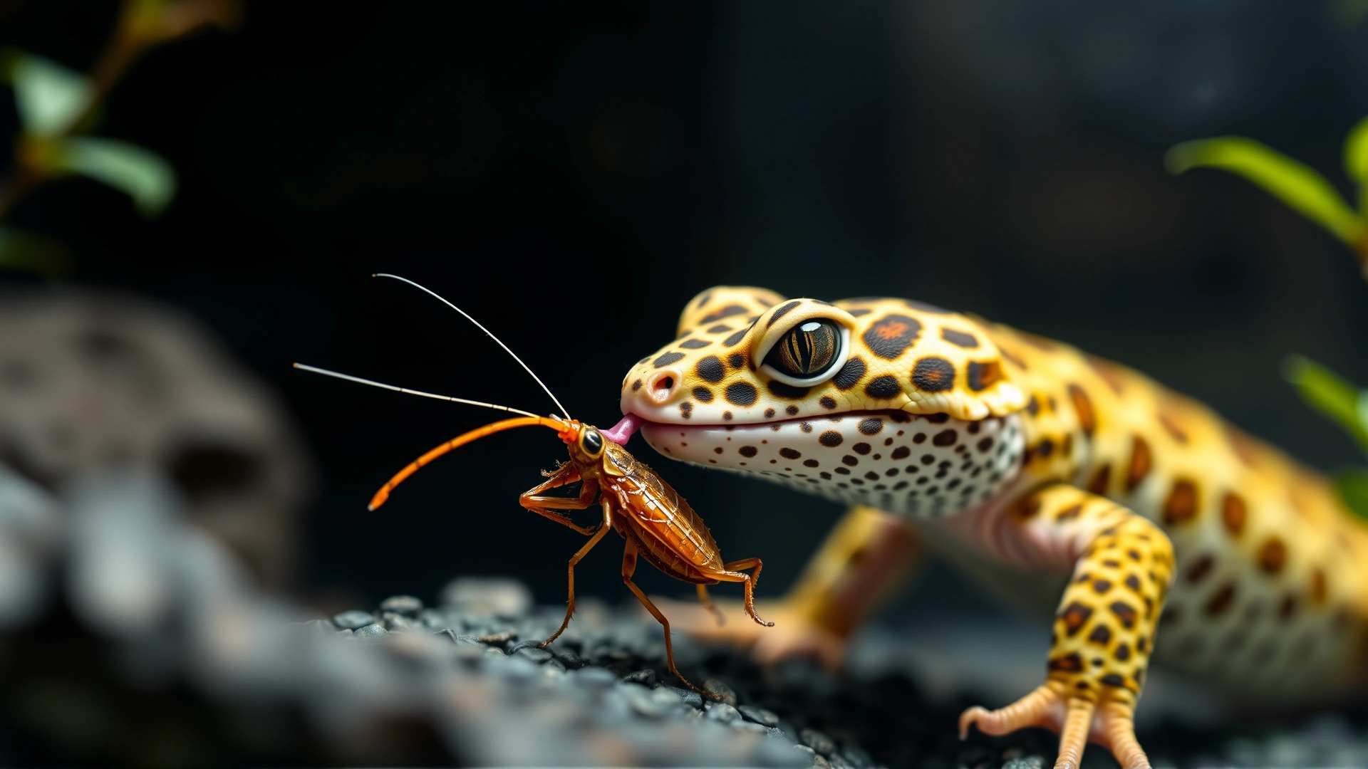 Close-up of a leopard gecko inside a terrarium capturing a cricket with its tongue, sharp focus, natural lighting