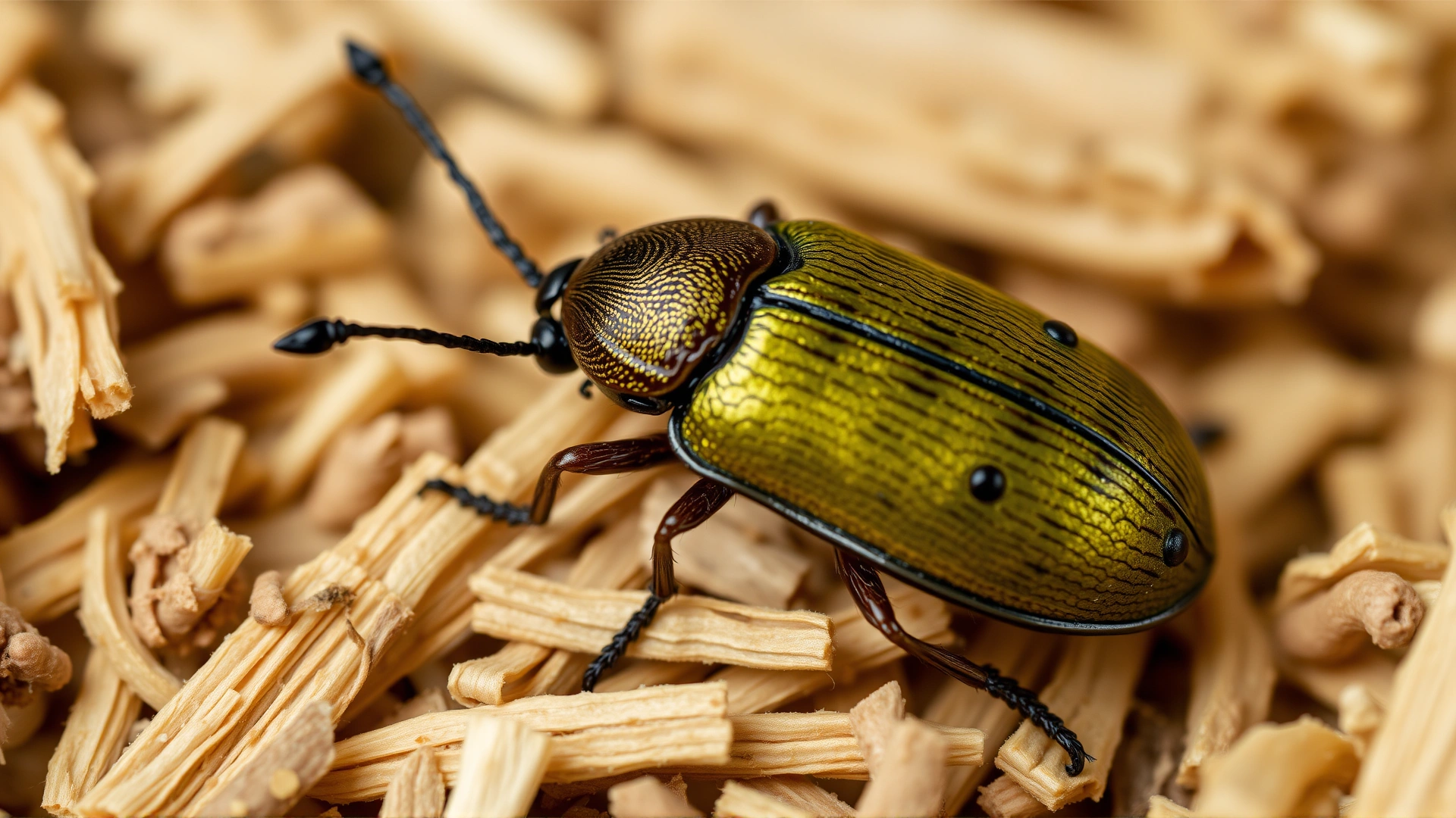 Macro photograph of a small grain beetle on wooden shavings, representing potential intermediate hosts for tapeworm larvae.
