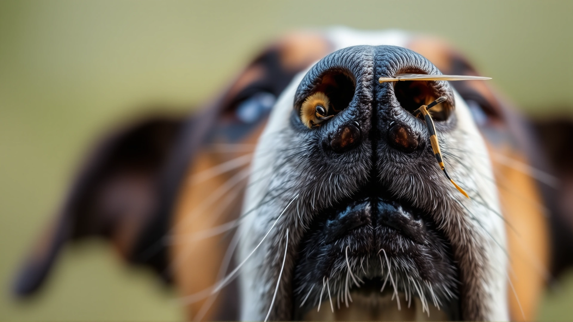 Macro shot of a bee hovering near a dog's nose, illustrating insect sting risk