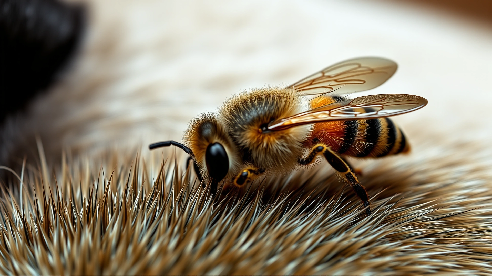 Close-up of a bee on a dog's short fur just before stinging, high detail macro shot