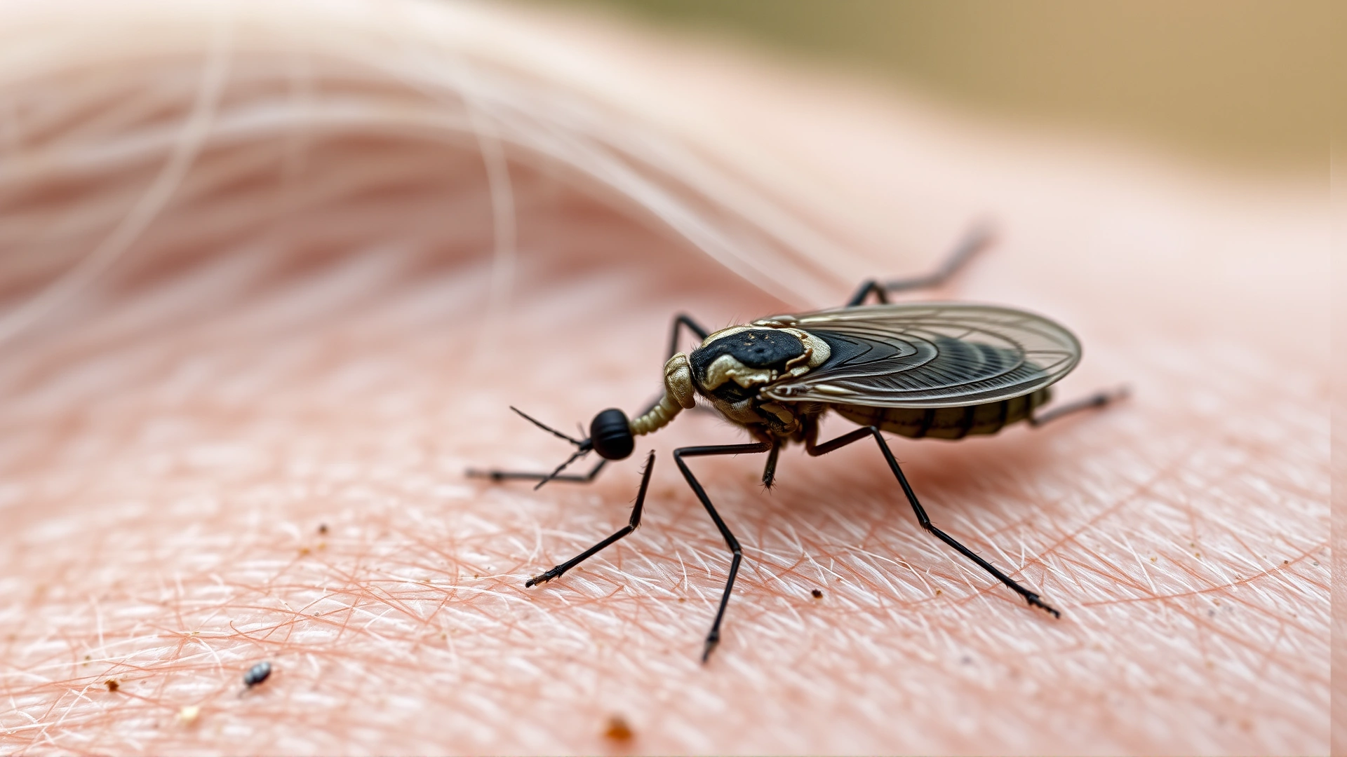Macro photograph of a sand fly or mosquito on a horse's skin, emphasizing detail on the insect to indicate transmission vector. Sharp focus on insect, blurred background.